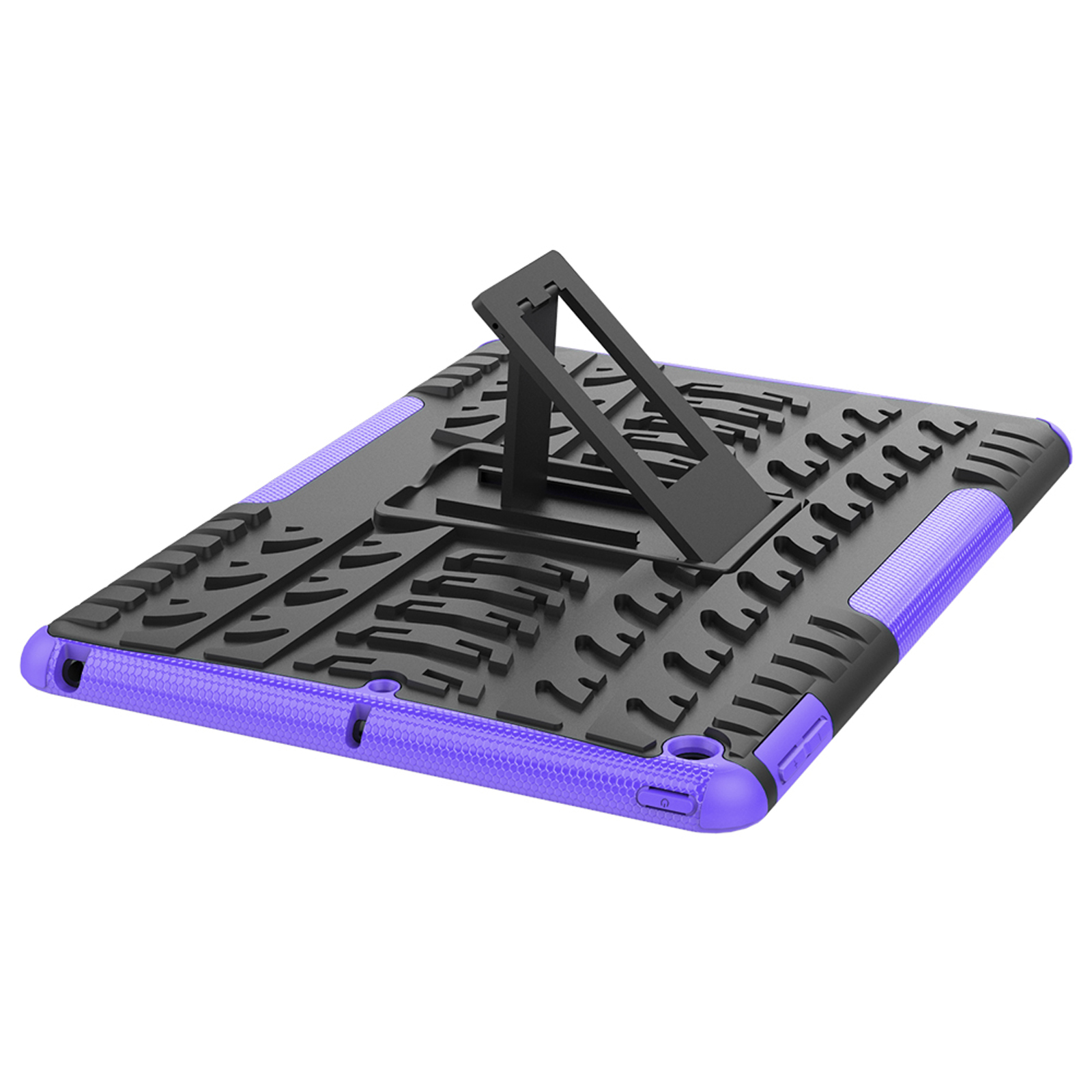 Tablethülle mit schwarzem und lila Design. Verfügt über einen Ständer. Die Rückseite ist schwarz, die Ränder sind lila.