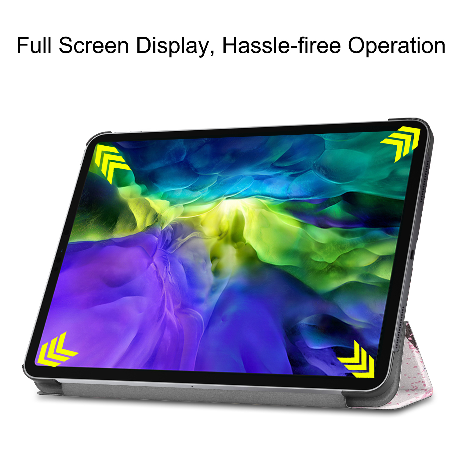 Tablethülle. Tablet auf einer Hülle, Pfeile markieren Ecken. Anzeige zeigt lila und grüne Farben.
