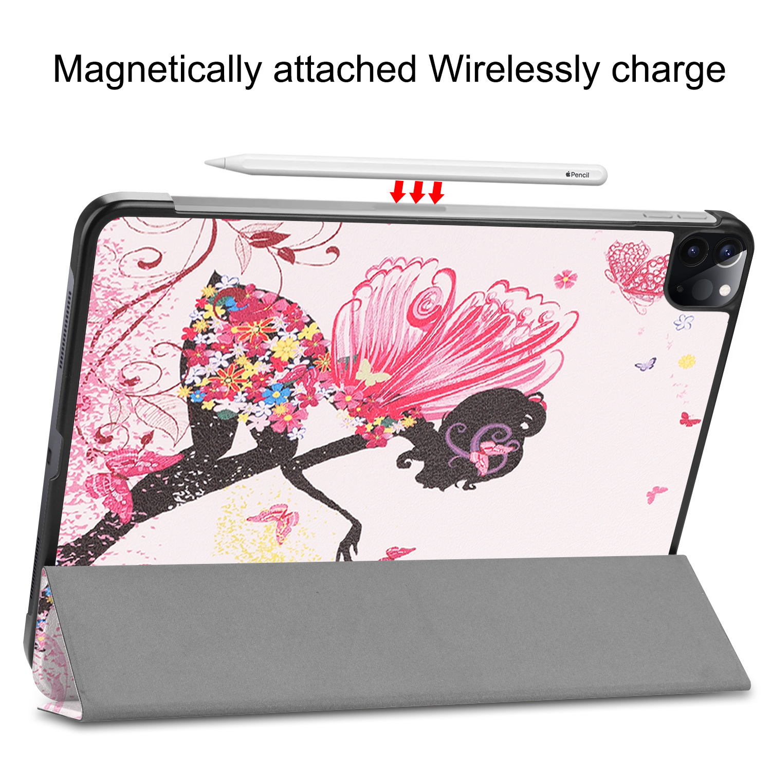 Tablet mit floralem Design und einem Stift. Ein Stift ist magnetisch an der Oberseite des Tablets befestigt.