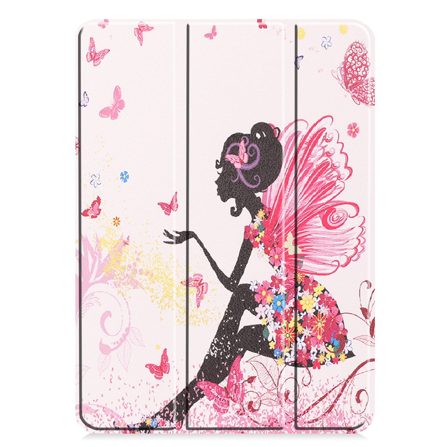 Tablet-Hülle mit Feen- und Schmetterlingsdesign, offen.