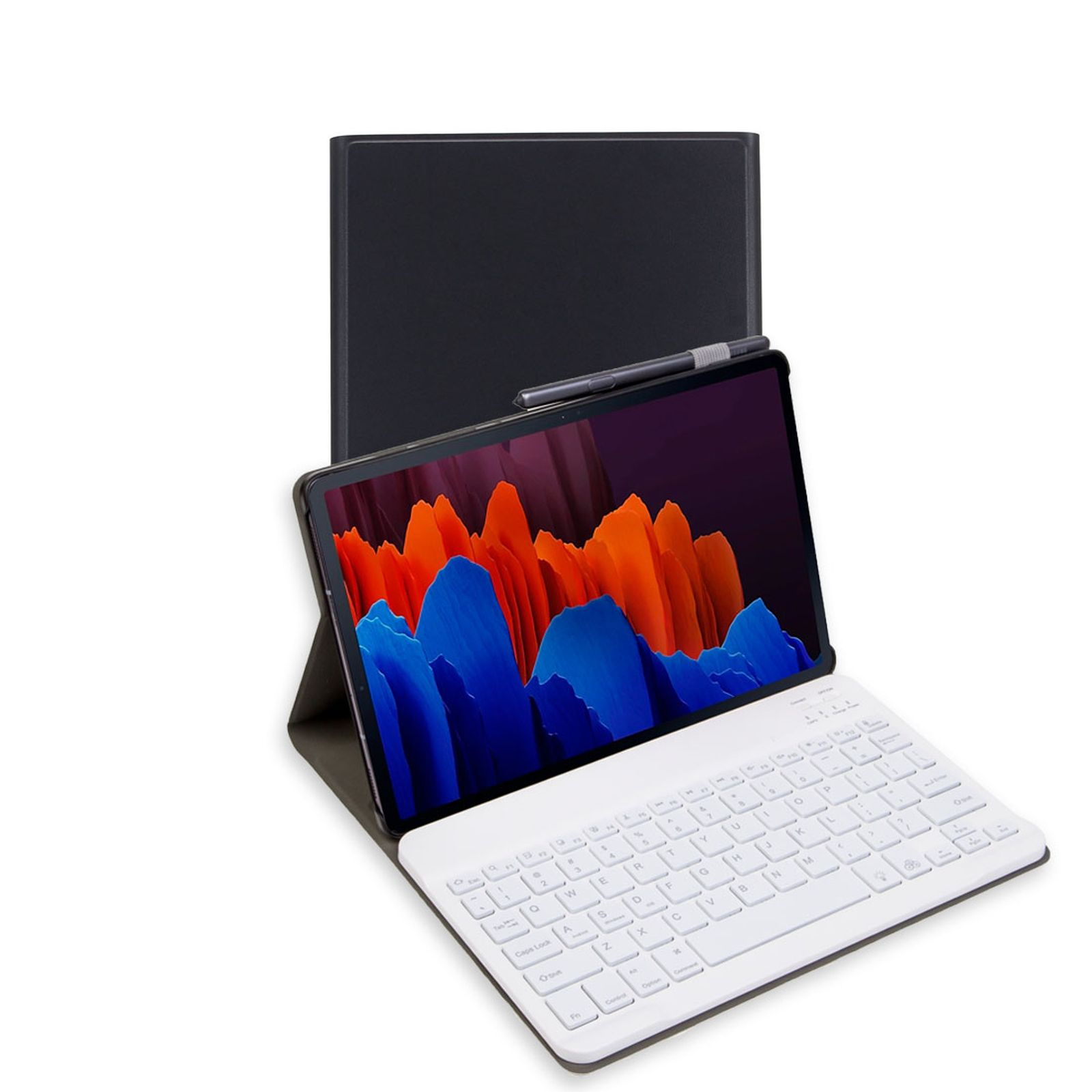 Tablet mit Tastatur, offen mit Hülle. Bildschirm zeigt abstrakte Formen.