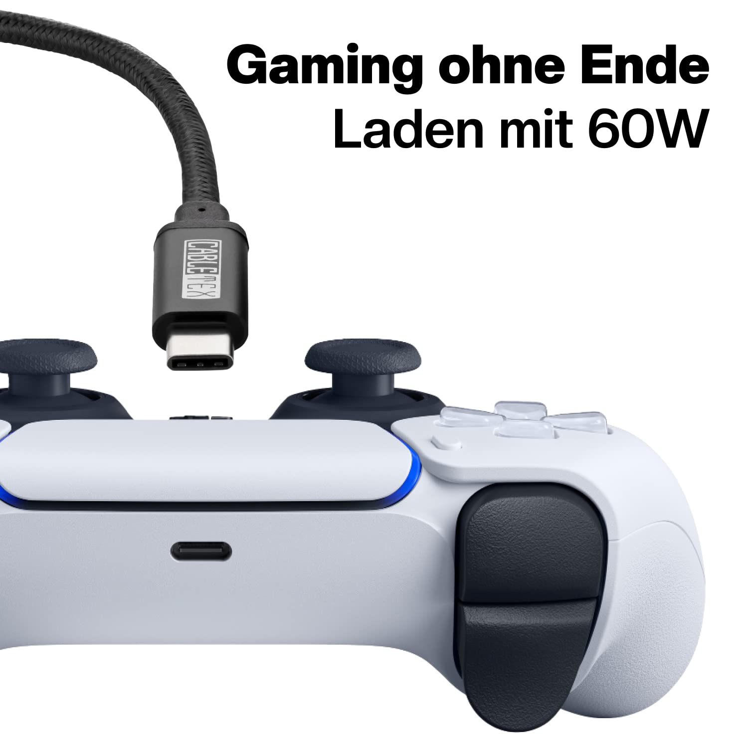 Ein weißer Gamecontroller mit USB-C-Kabel. Der Text lautet: „Gaming ohne Ende, Laden mit 60W“.