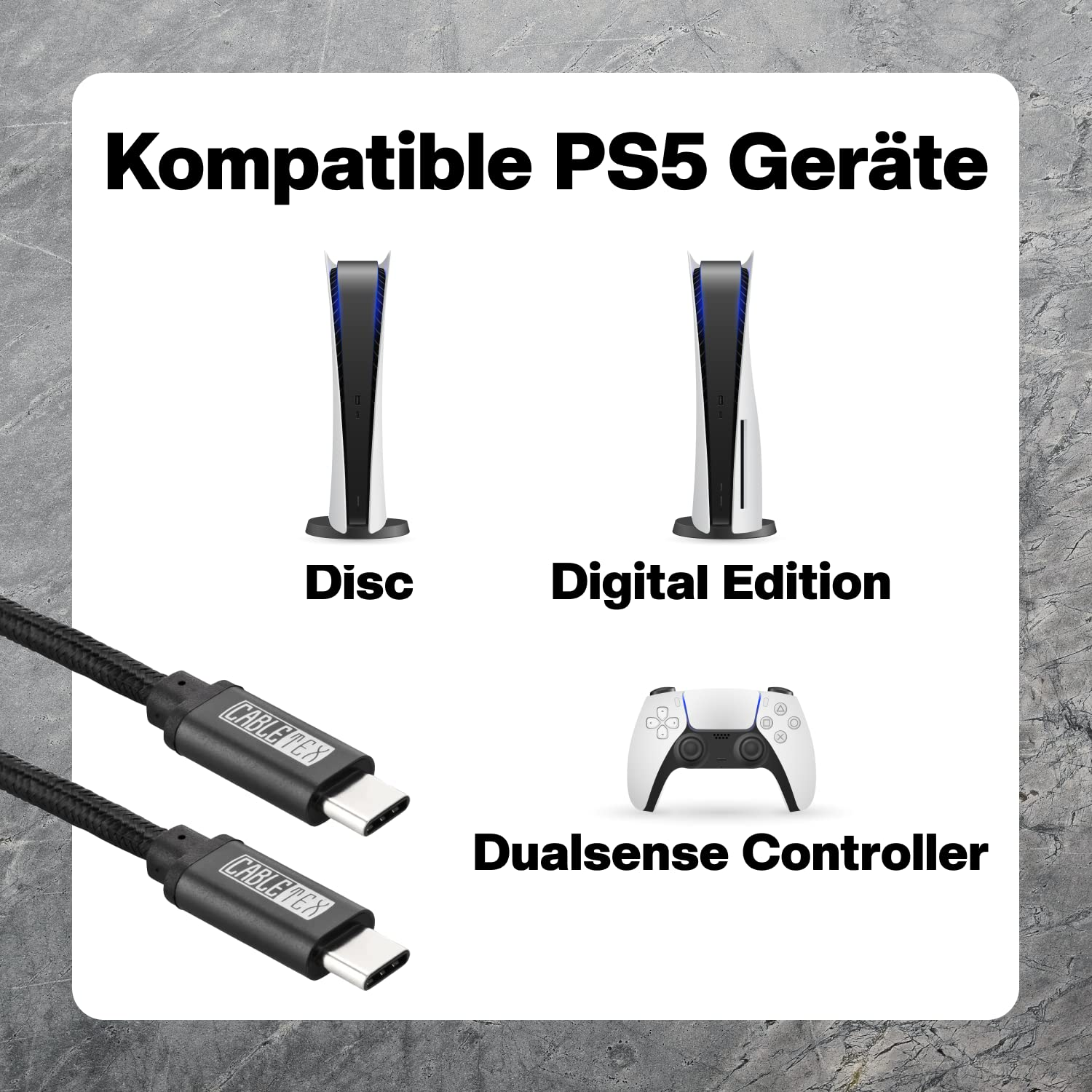 Bild zeigt PS5-Konsolen, Disc- und Digital-Edition, einen Dualsense-Controller und zwei USB-C-Kabel.
