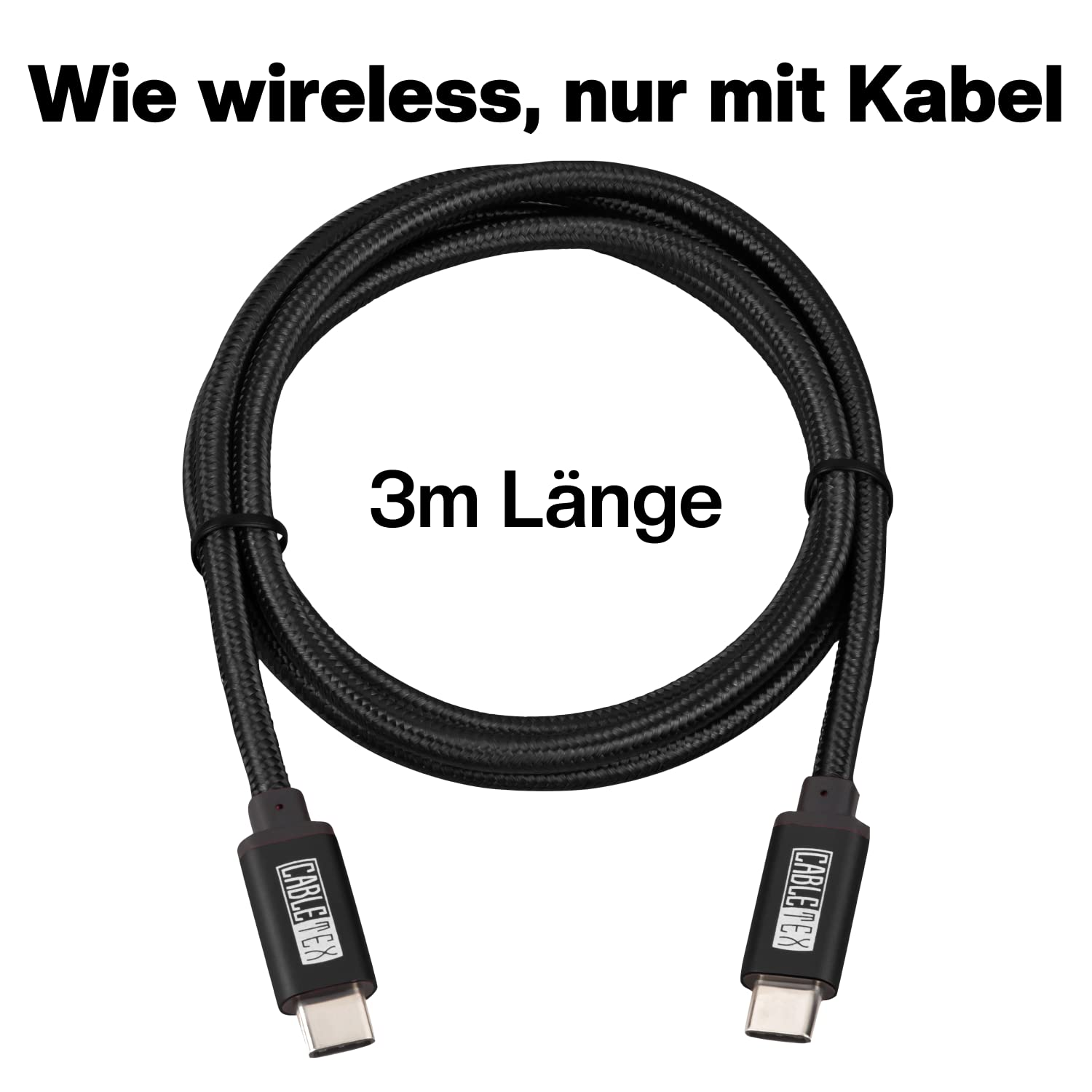 Schwarzes Kabel, aufgerollt. Text auf Deutsch: 'wie kabellos, aber mit Kabel'. Text: '3m Länge'.