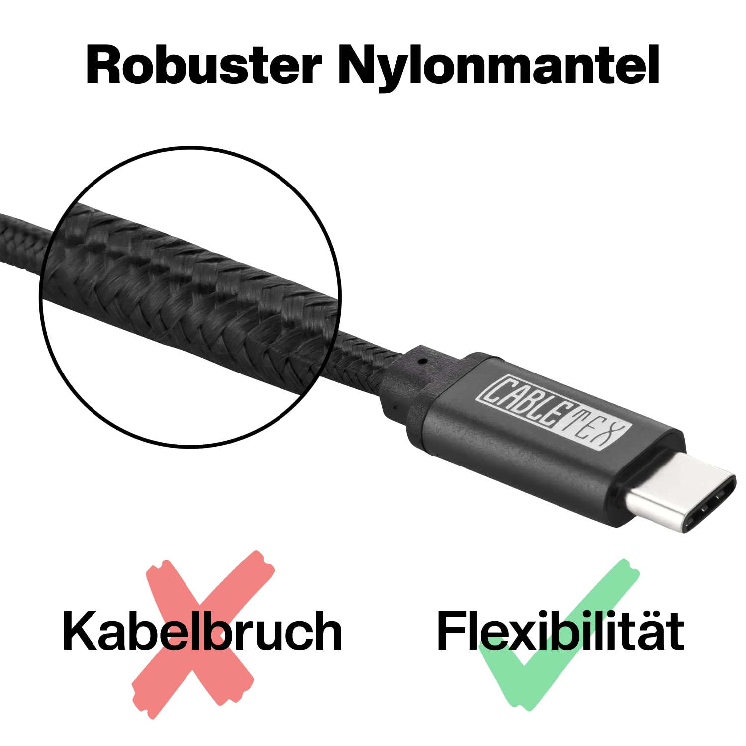 USB-Kabel, Nahaufnahme. Gewebter schwarzer Nylonbezug. Texte: Kabelbruch, Flexibilität.