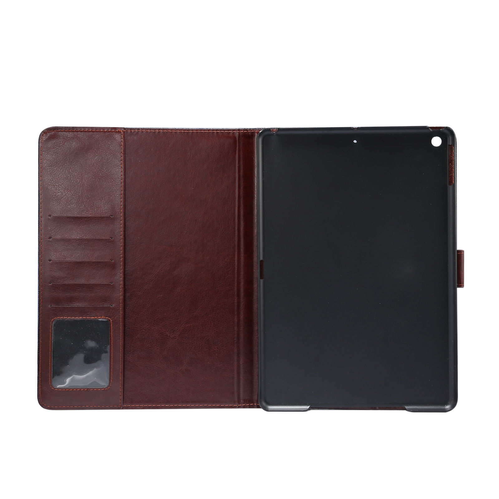Geöffnete braune Leder-Tablethülle mit Tablet. Der Tablet-Bildschirm ist schwarz.