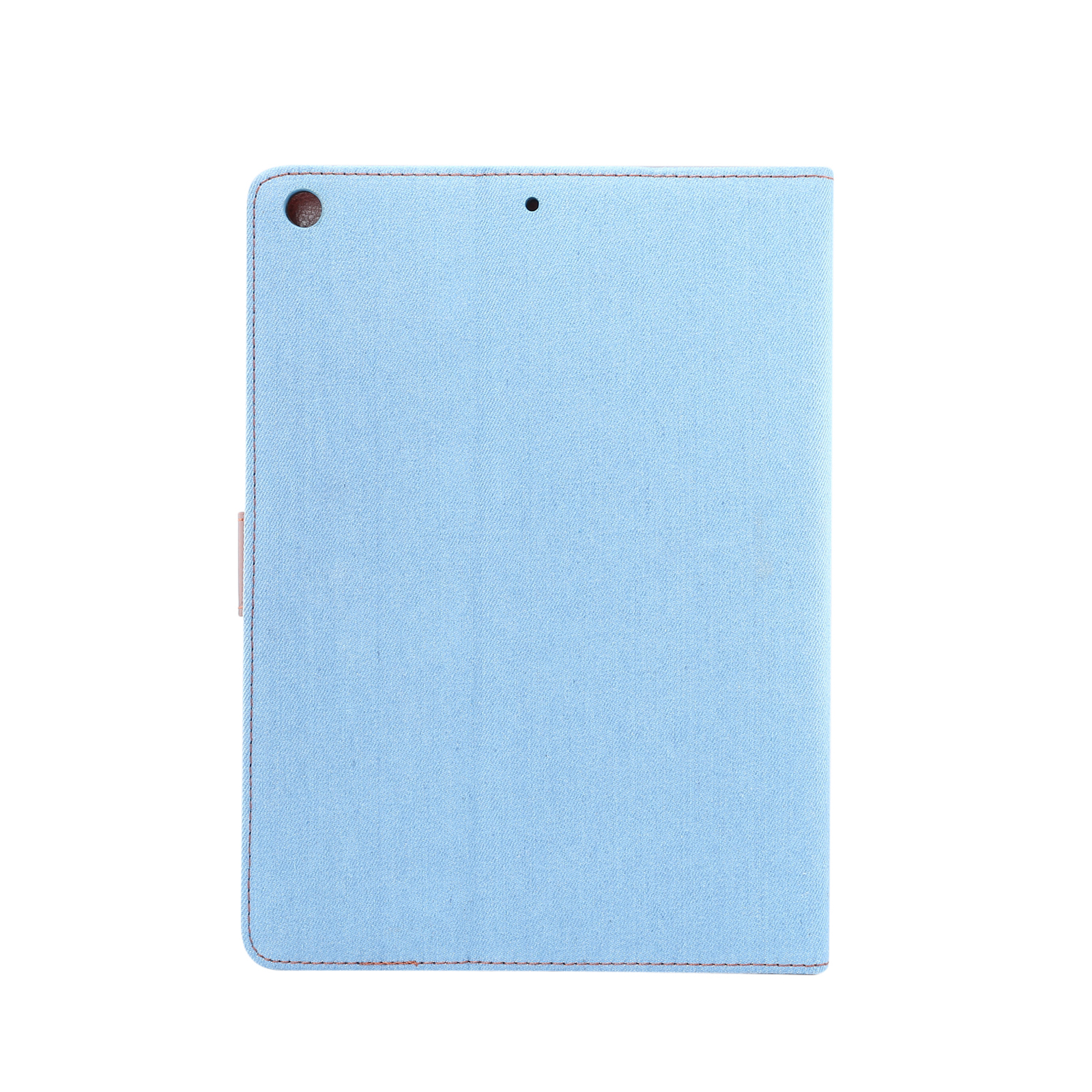 Hellblaue Tablethülle mit braunem Rand und kleinem Kamera Loch.
