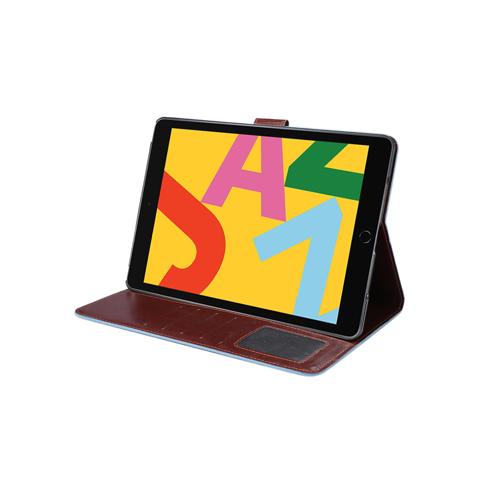 Tablet in brauner Lederhülle mit farbenfrohem Bildschirm mit großen Zahlen.