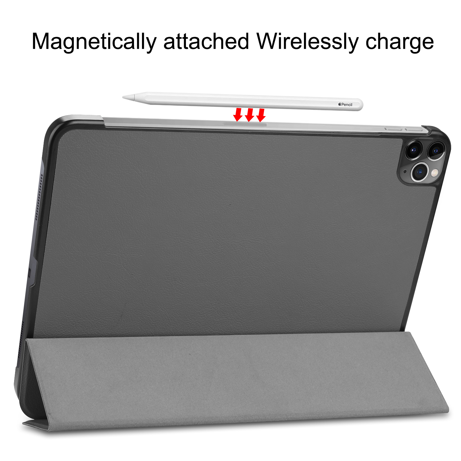 Eine graue Tablethülle mit einem weißen Stift daran. Der Stift ist magnetisch befestigt.