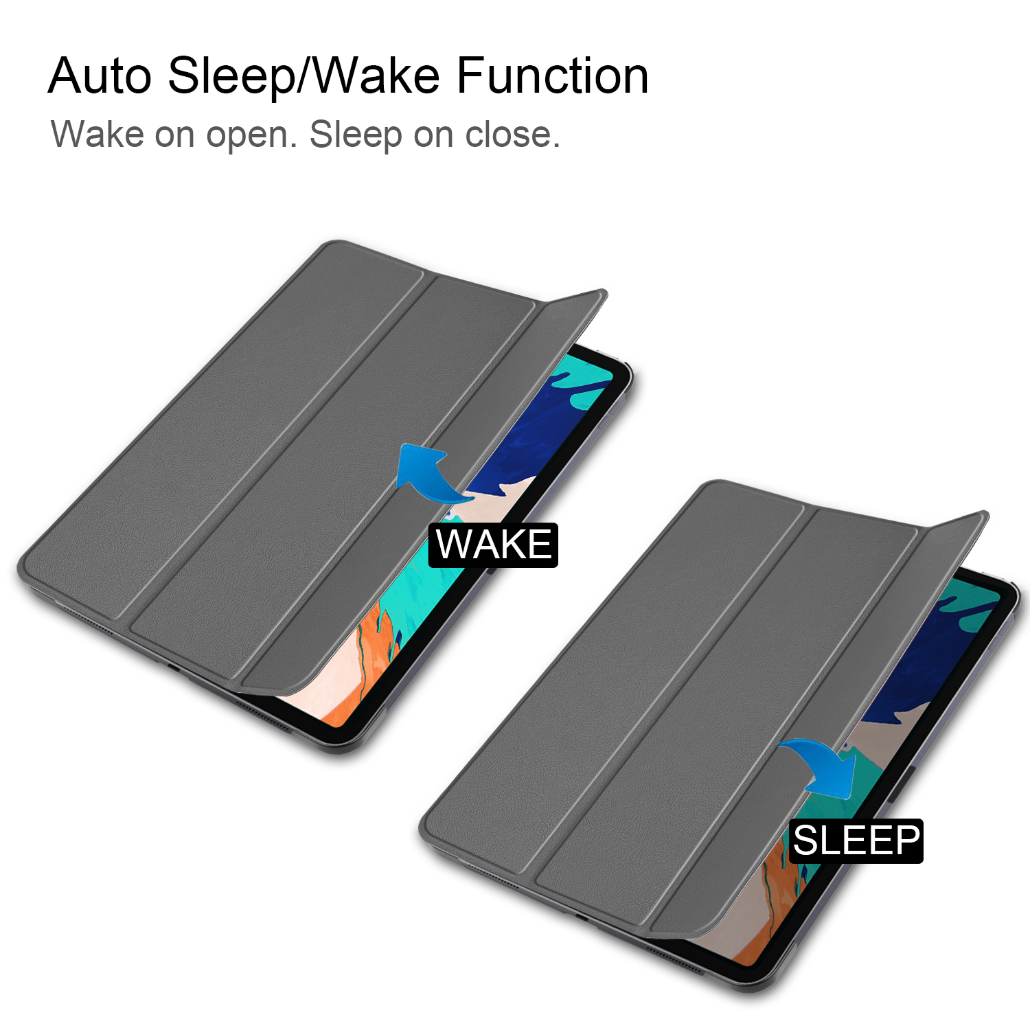 Zwei Tablets mit Hüllen, die die automatische Schlaf-/Weckfunktion veranschaulichen.