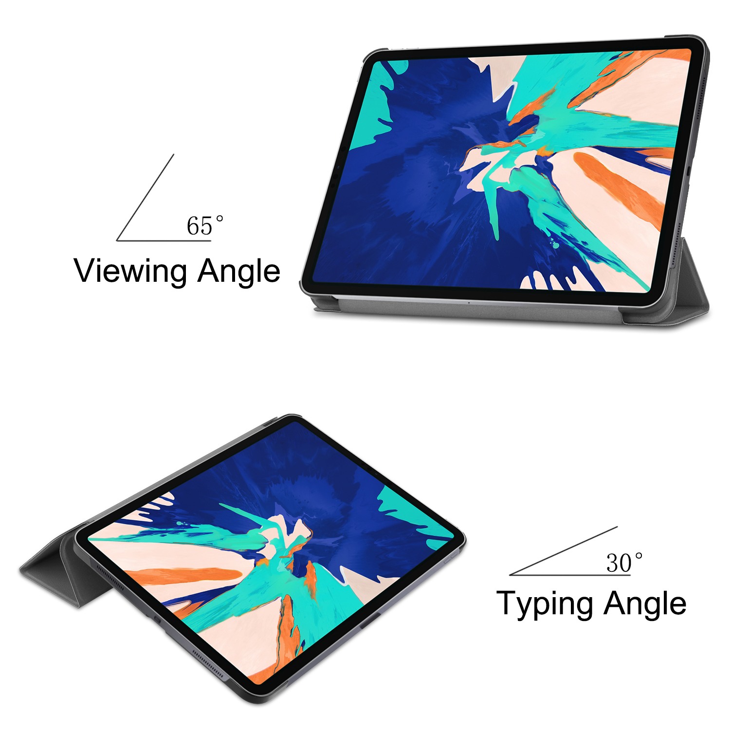 Tablet in Hülle, mit 65° Betrachtungs- und 30° Schreibwinkel.