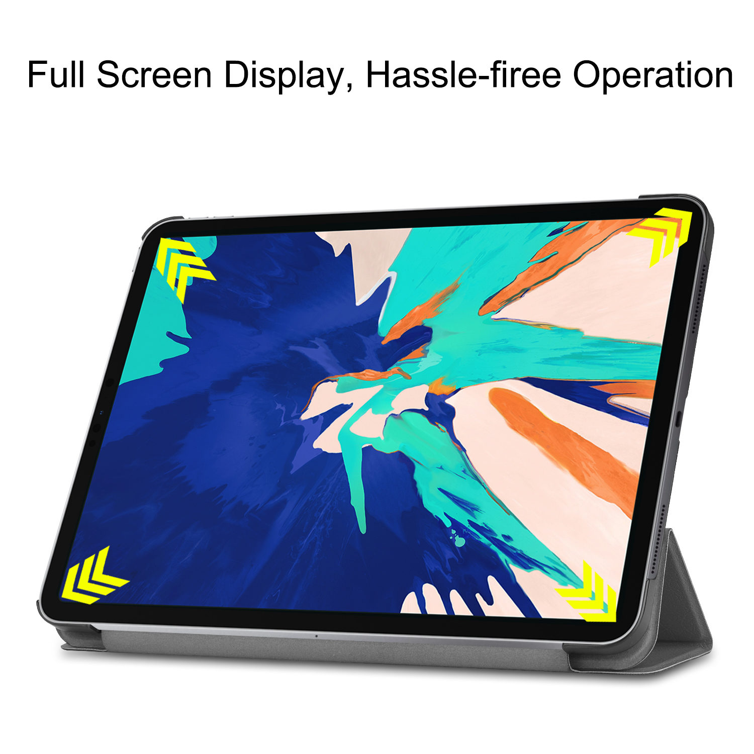 Ein Tablet in einem Gehäuse, mit einem blauen Bildschirm, der eine farbenfrohe Oberfläche anzeigt.