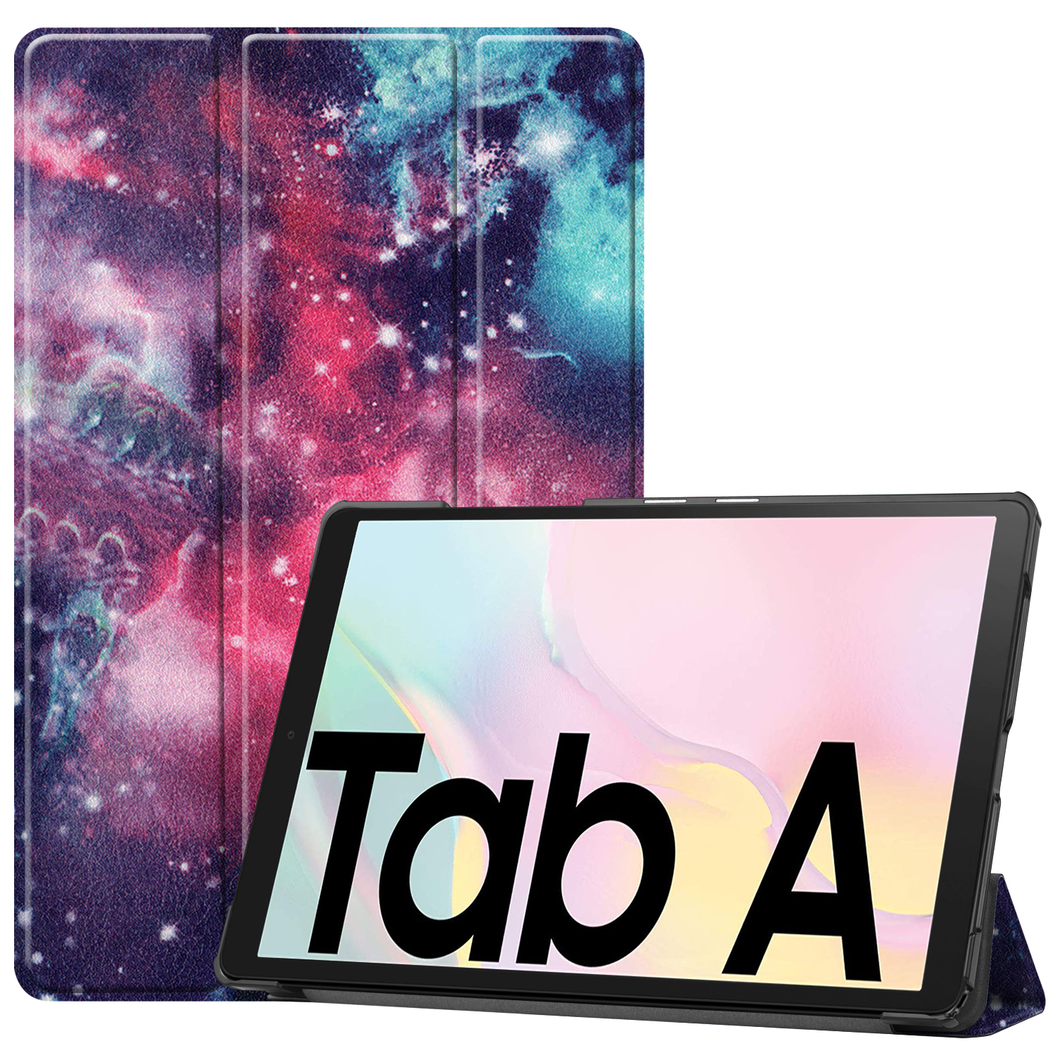 Tablet mit Galaxy-Design-Hülle. Text: Tab A. Die Hülle lässt sich zusammenklappen.