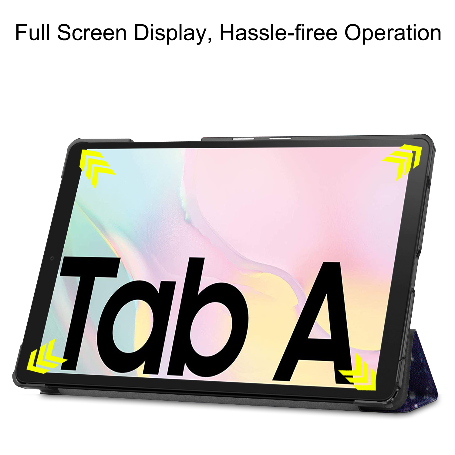 Tablet mit dem Wort Tab A auf dem Bildschirm. Schwarzes Gehäuse mit Ständer.