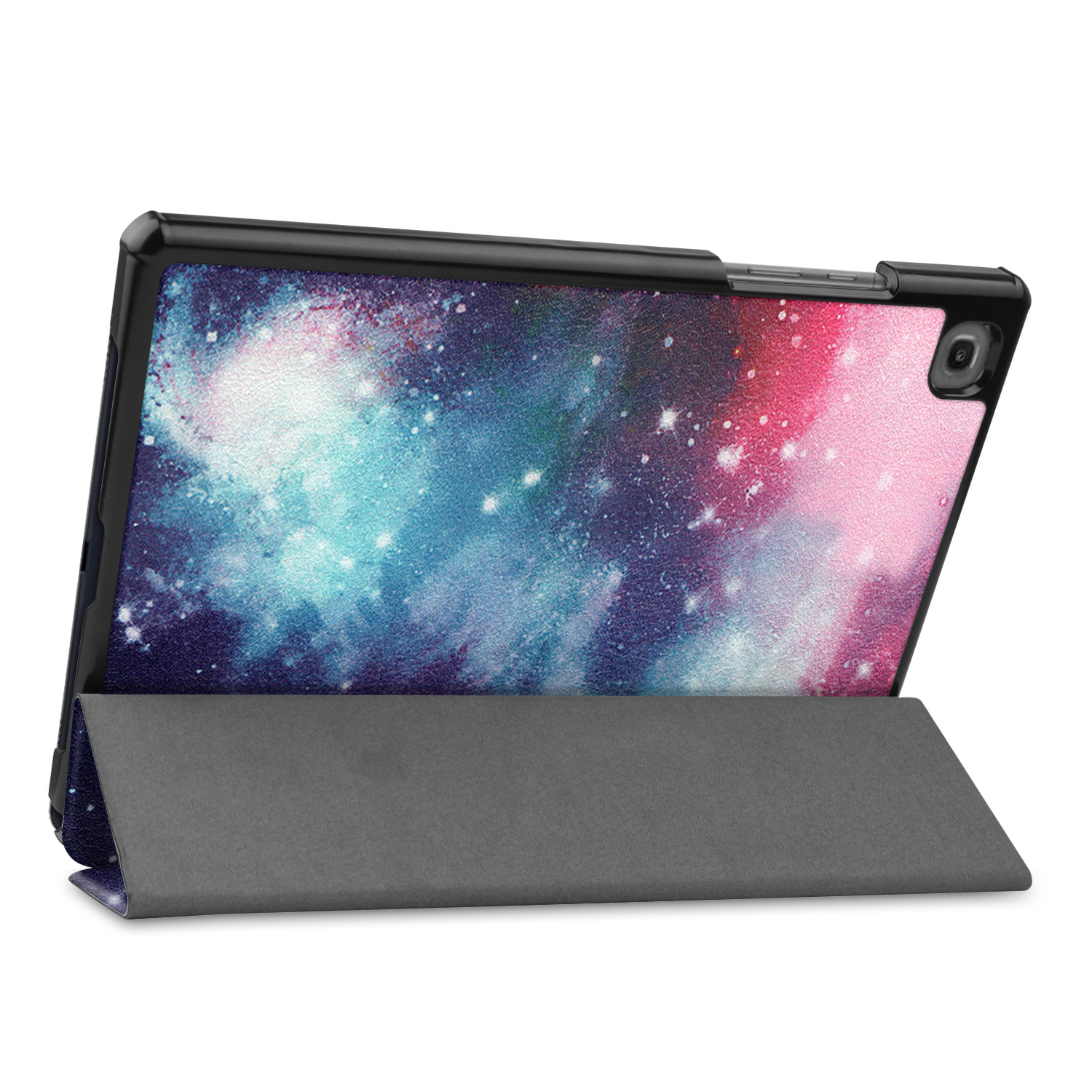 Tablet in einer Hülle mit kosmischem Design, hochgeklappt. Die Hülle ist geöffnet.