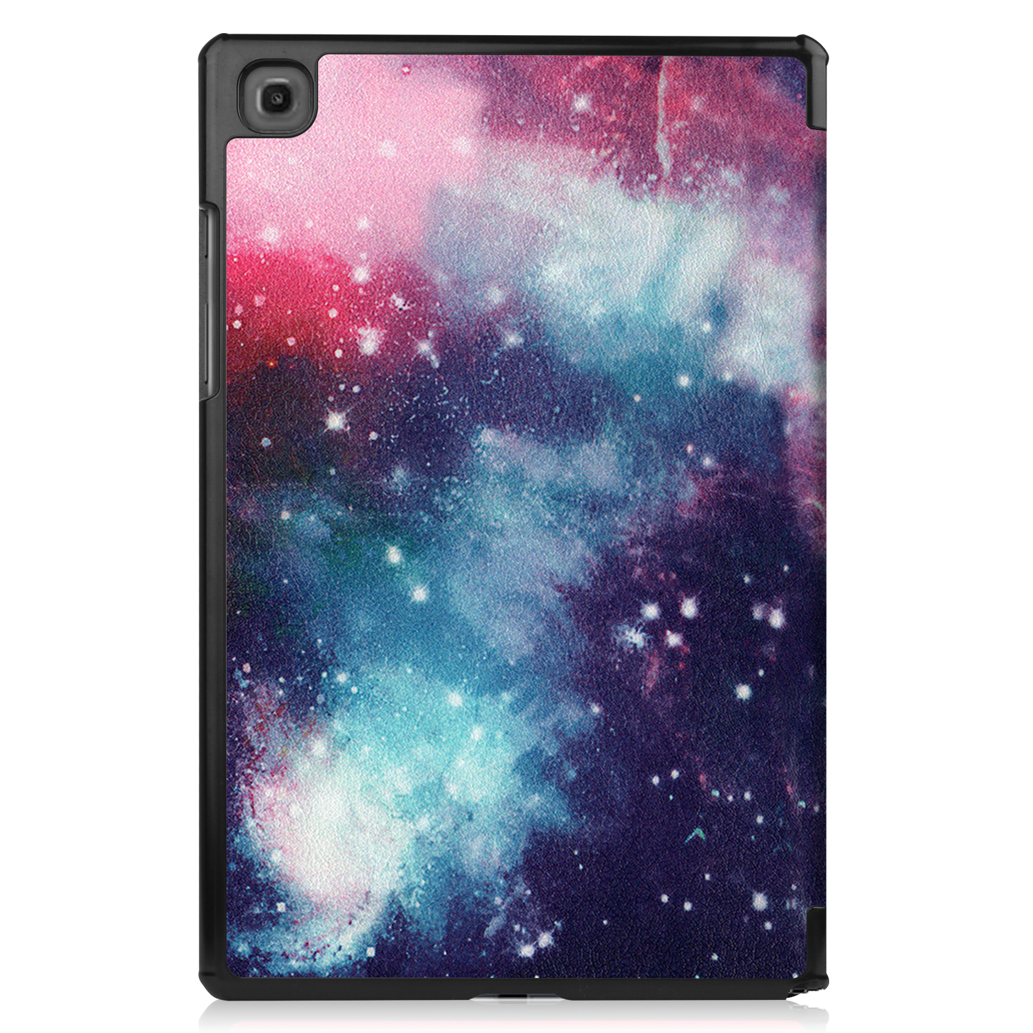 Tablethülle mit Galaxie-Design. Es hat eine Mischung aus Rosa, Lila und Weiß.