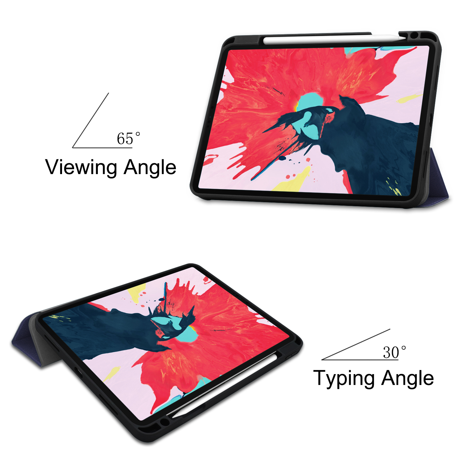 Zwei Tablets in Hüllen, die 65° und 30° Betrachtungswinkel zum Tippen und Betrachten zeigen.