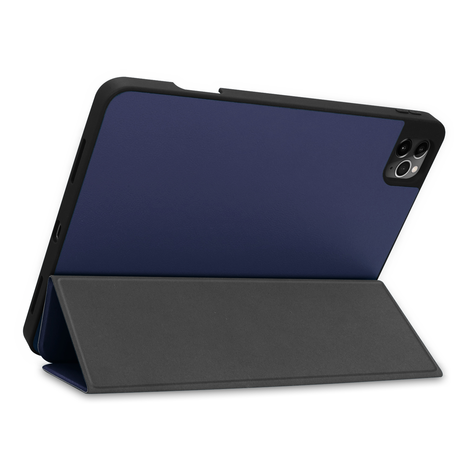 Tablet mit blauer Hülle und Ständer. Die Hülle ist dunkelblau und der Ständer ist dunkler grau.