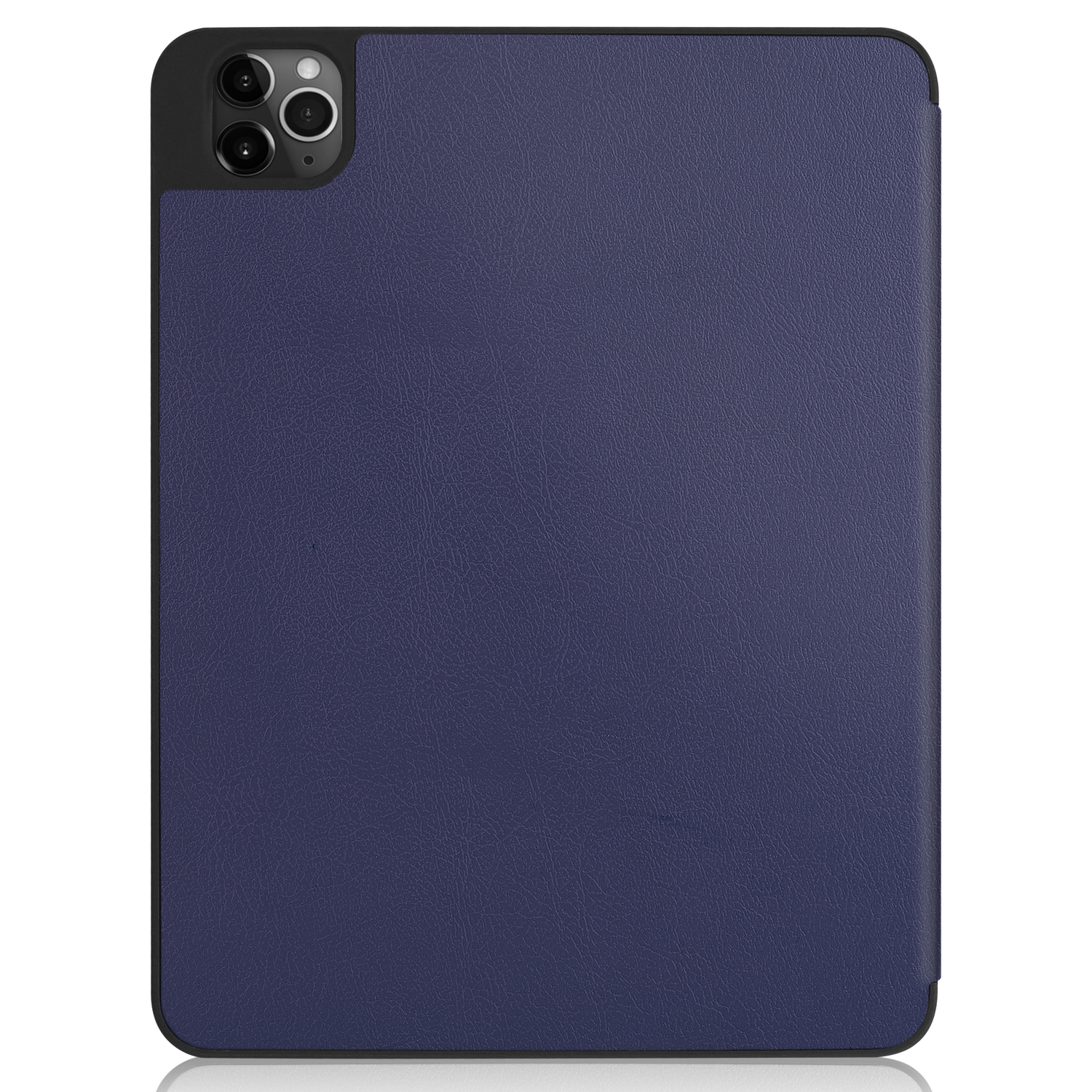 Schwarzes Tablet mit dunkelblauem Lederetui. Das Etui bedeckt die Rückseite des Tablets.