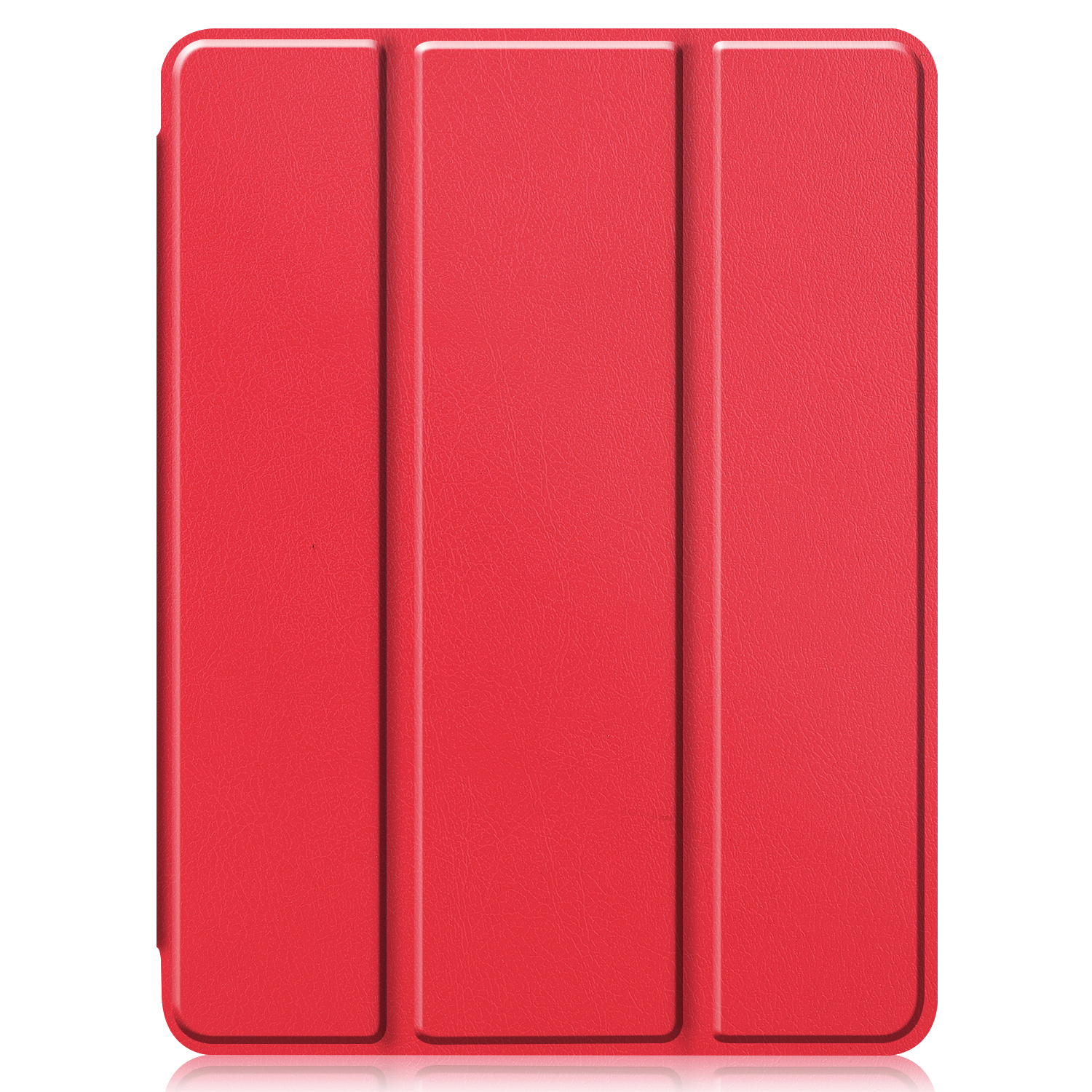 Rote Tablet-Hülle, geschlossen. Die Hülle hat drei vertikale Paneele.