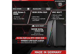 SYSTEMTREFF Gaming Komplett AMD Ryzen 5 5500, Komplett PC mit 5500 Prozessor, 16 GB RAM, 512 GB mSSD, 0 GB SSD, Nvidia GeForce RTX 3060 8GB GDDR6, 8 GB