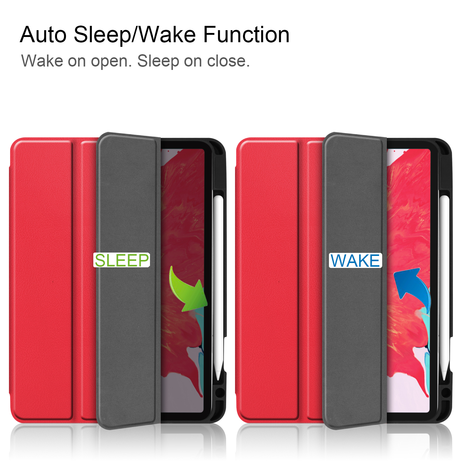 Zwei Bilder zeigen eine Tablet-Hülle offen und geschlossen. Sleep/Wake-Funktion.