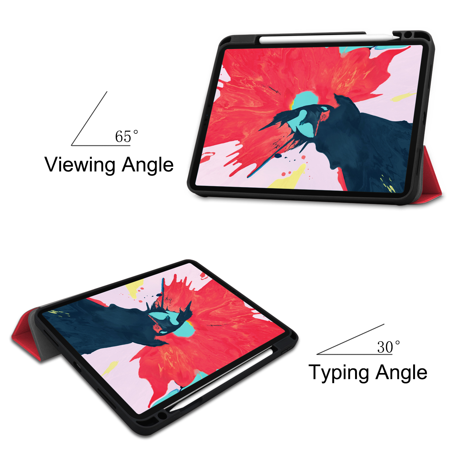 Tablet-Hülle mit Betrachtungs- und Tippwinkeln. Rotes und schwarzes abstraktes Design auf dem Bildschirm.