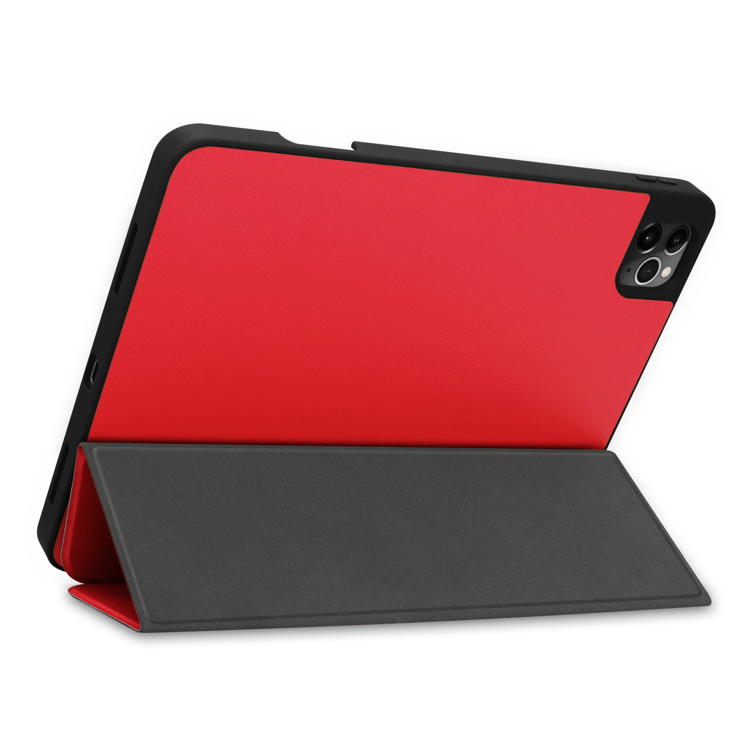 Rotes Tablet in schwarzem Gehäuse, geöffnet. Der Hintergrund ist eine weiße Oberfläche.