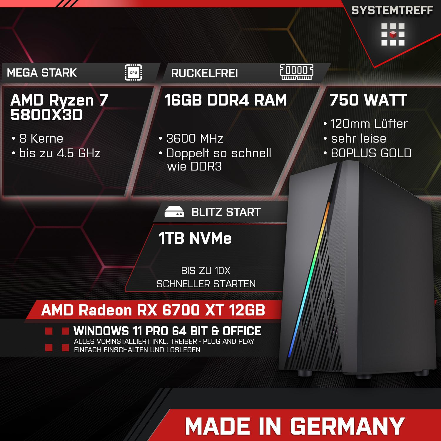 Computer-Tower mit Text über Ryzen 7 5800X3D Prozessor, 16GB DDR4 RAM, 750W Leistung und AMD Radeon RX 6700 XT.