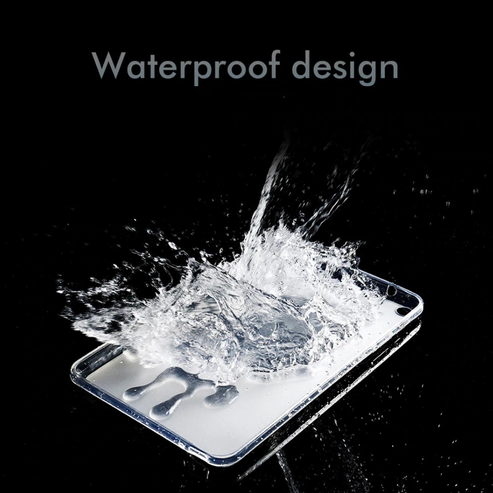 Wasser spritzt auf eine Handyhülle. Die Hülle ist klar, Wassertropfen sind sichtbar.