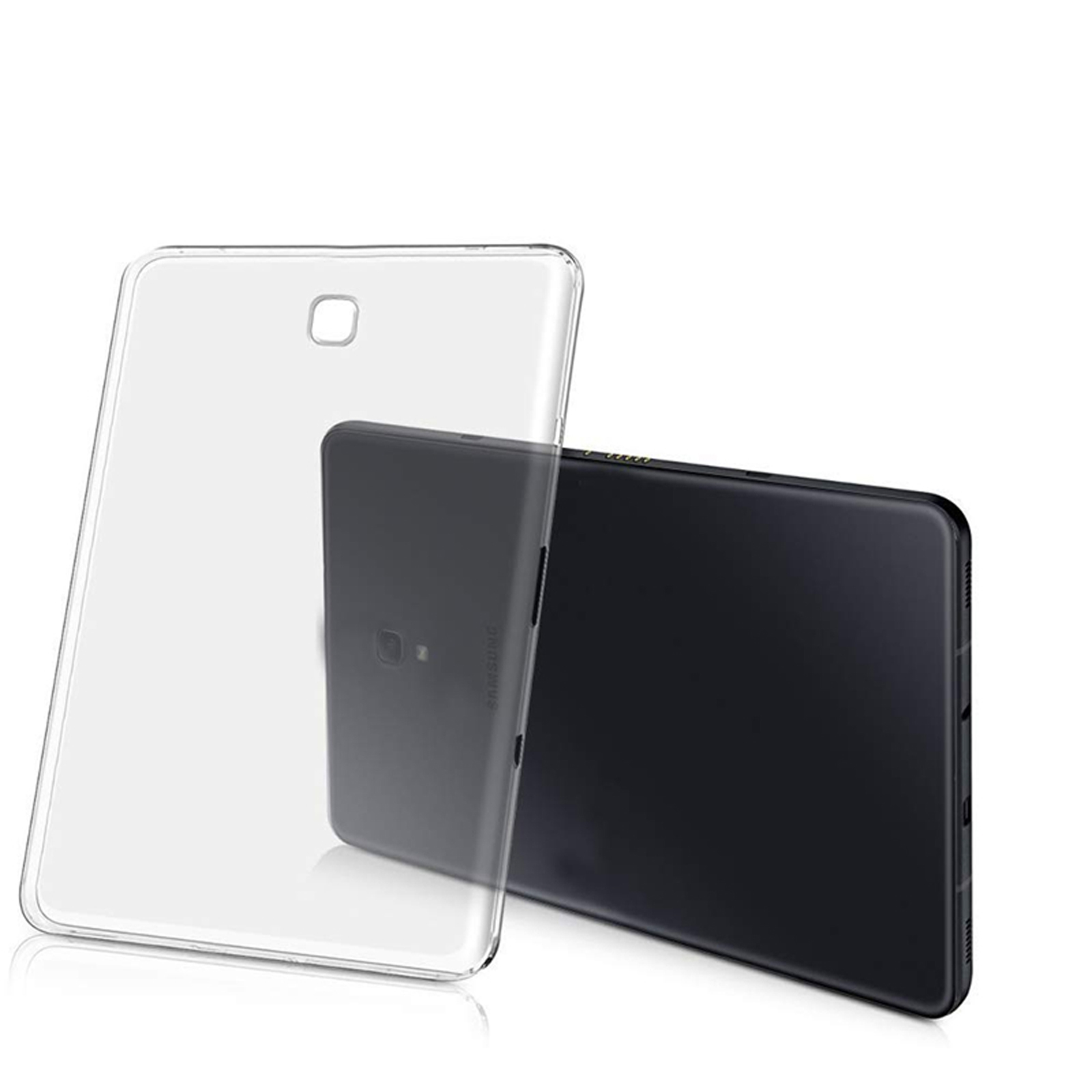 Zwei Tablets, eines schwarz, das andere transparent. Das schwarze Tablet ist in einer transparenten Hülle.