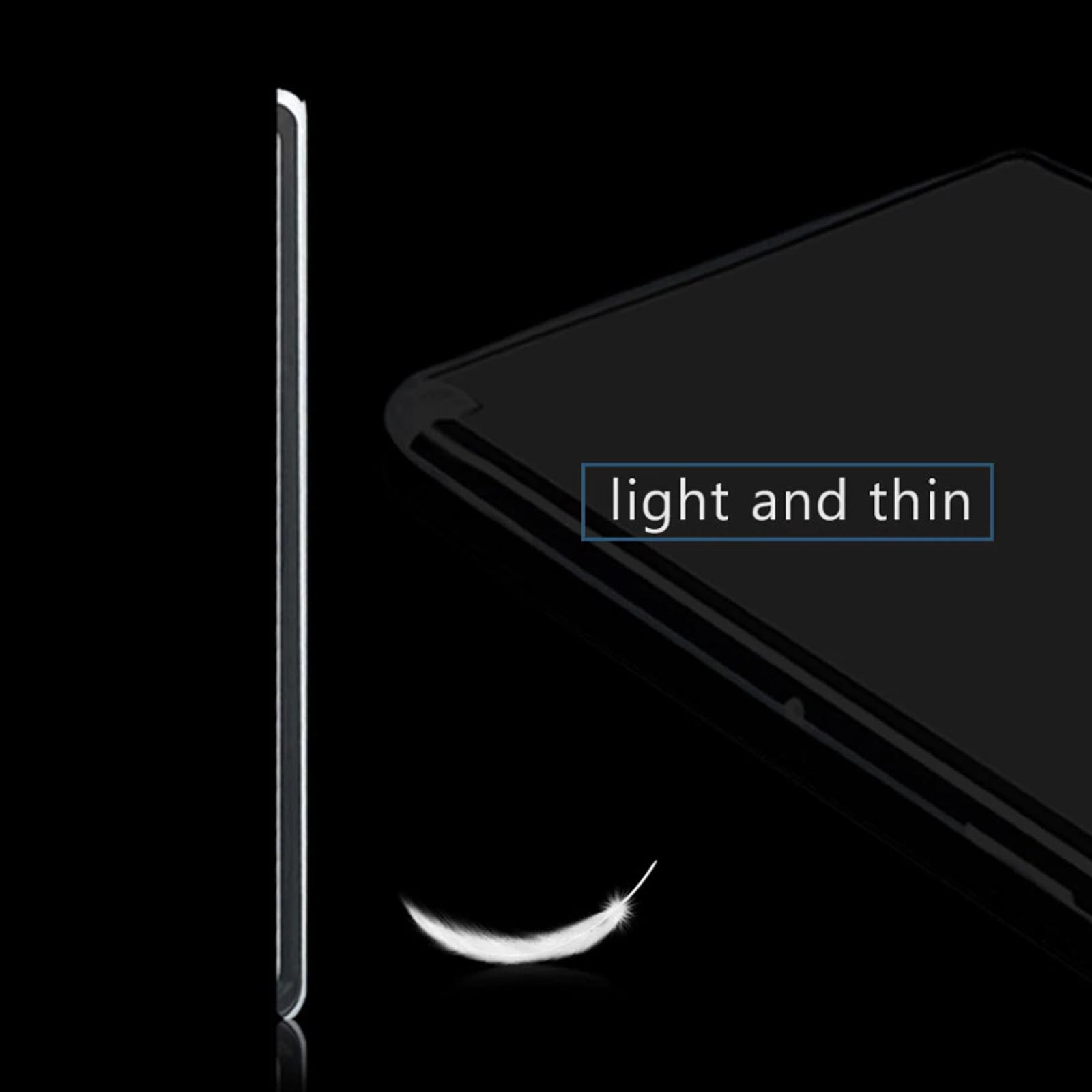 Ein dünnes, schwarzes Gerät, wahrscheinlich ein Telefon oder Tablet, abgewinkelt, um zu zeigen, wie dünn es ist. Text sagt 'leicht und dünn'.