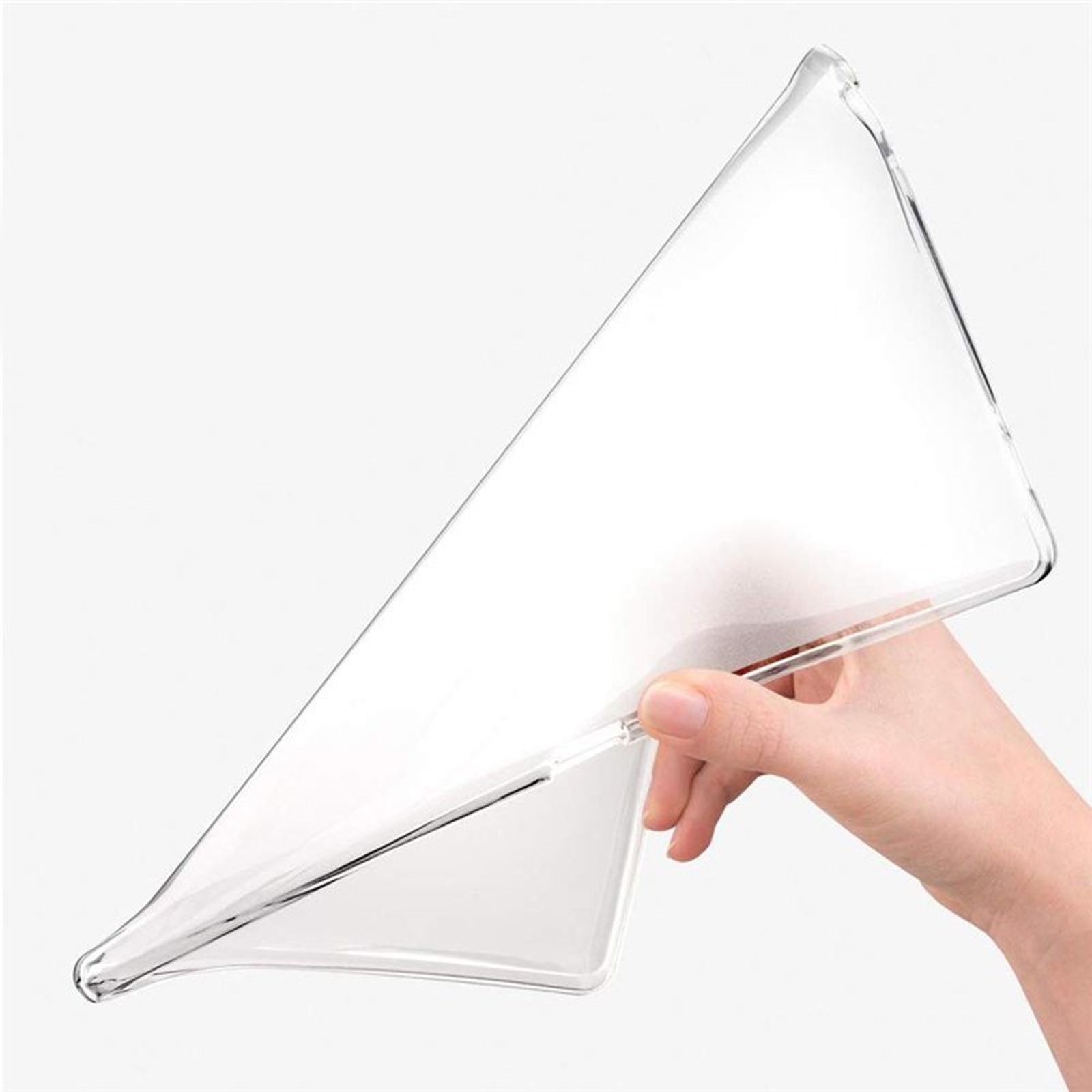 Klare Plastikhülle in einer Hand gehalten. Die Hülle ist flexibel und transparent.