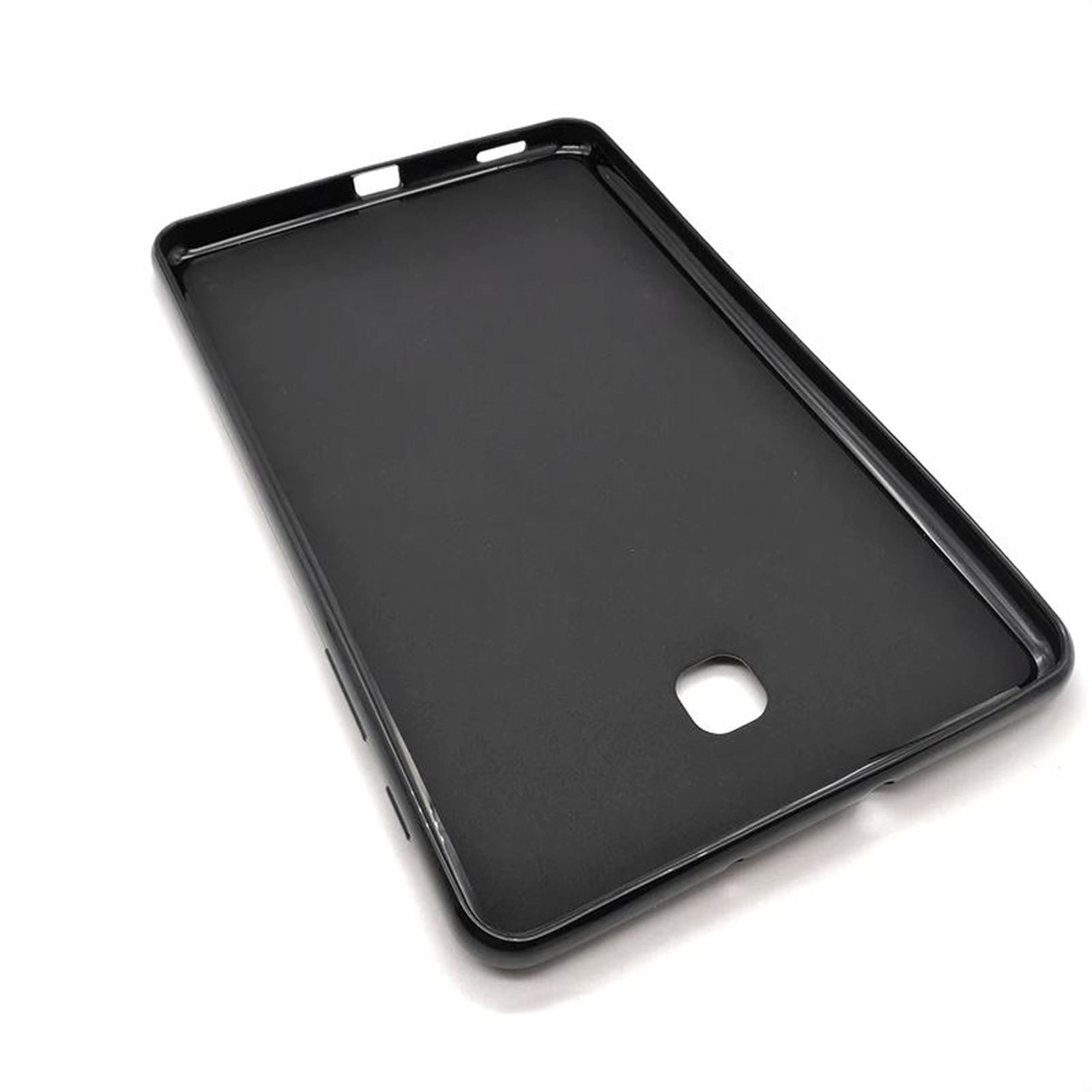Schwarze Tablethülle. Die Hülle ist flach und rechteckig mit glatter Oberfläche und Kameraöffnung.
