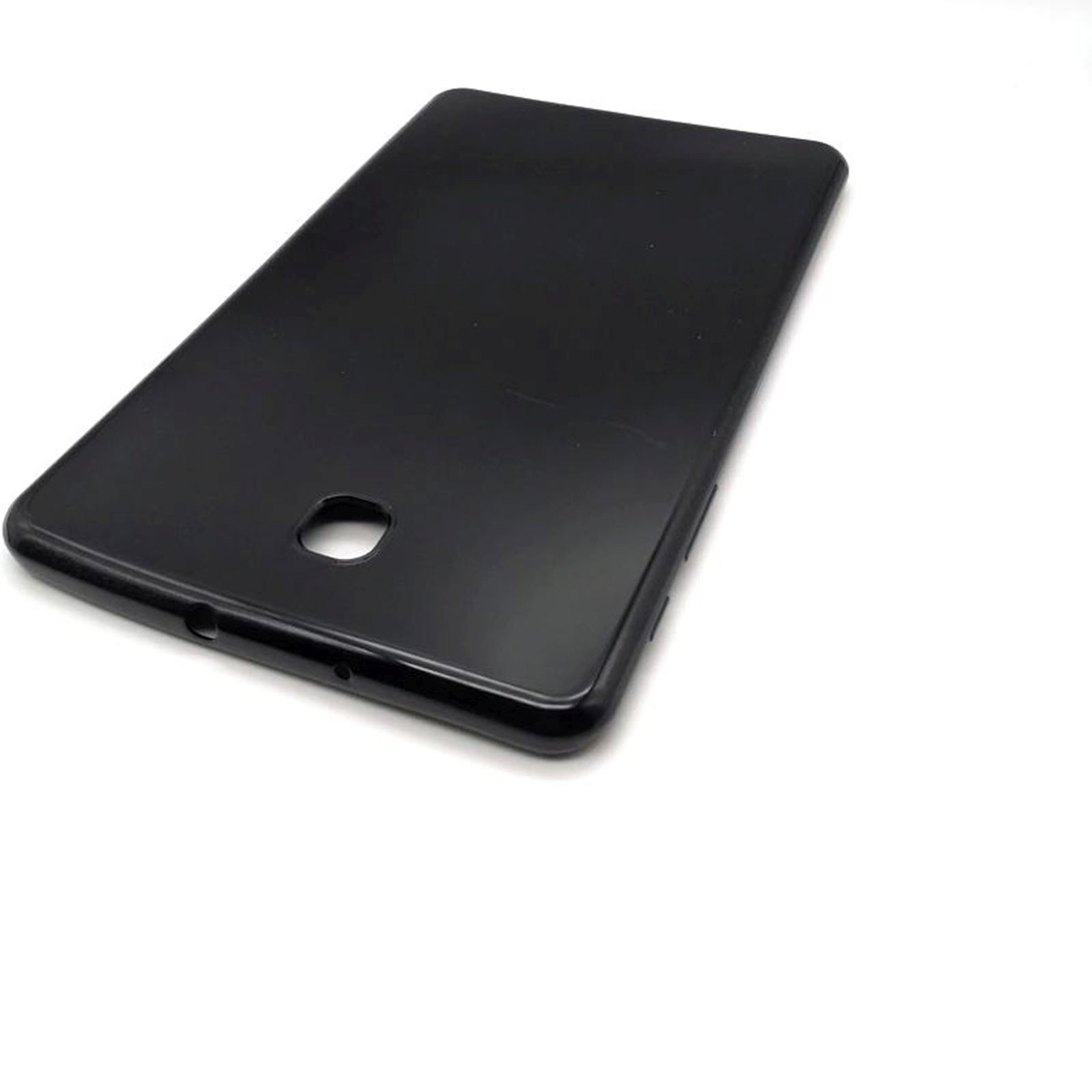 Eine schwarze Tablethülle auf einer weißen Oberfläche. Die Hülle ist glatt und glänzend mit einem Ausschnitt für eine Kamera.