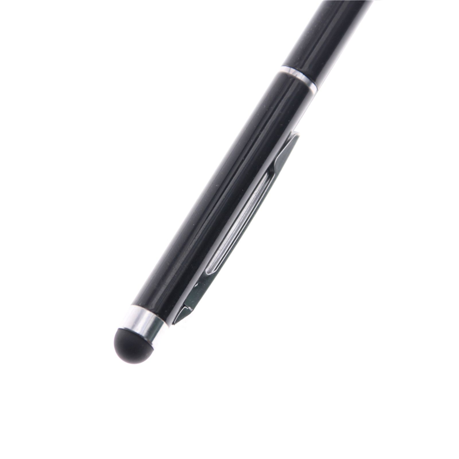 Schwarzer Stift mit silbernen Akzenten, abgewinkelt auf weißem Hintergrund.
