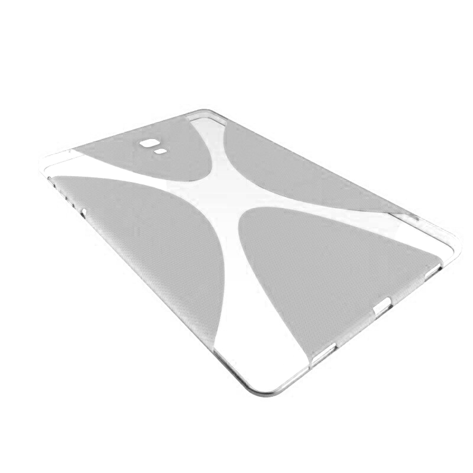 Transparente Tablethülle mit Design, liegt auf weißer Oberfläche, schräge Ansicht.