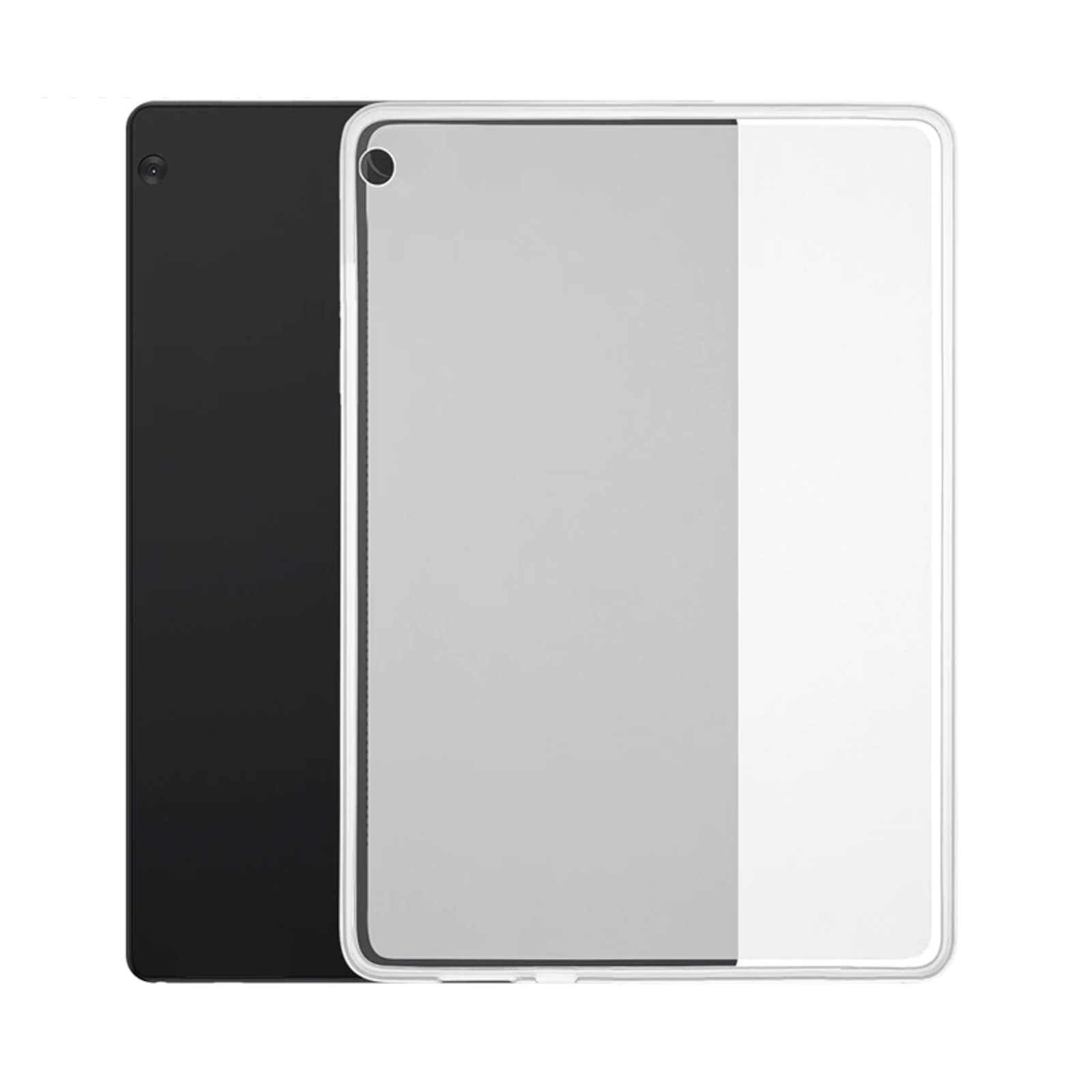 Schwarzes Tablet mit einer durchsichtigen Hülle. Das Tablet links, die Hülle rechts.
