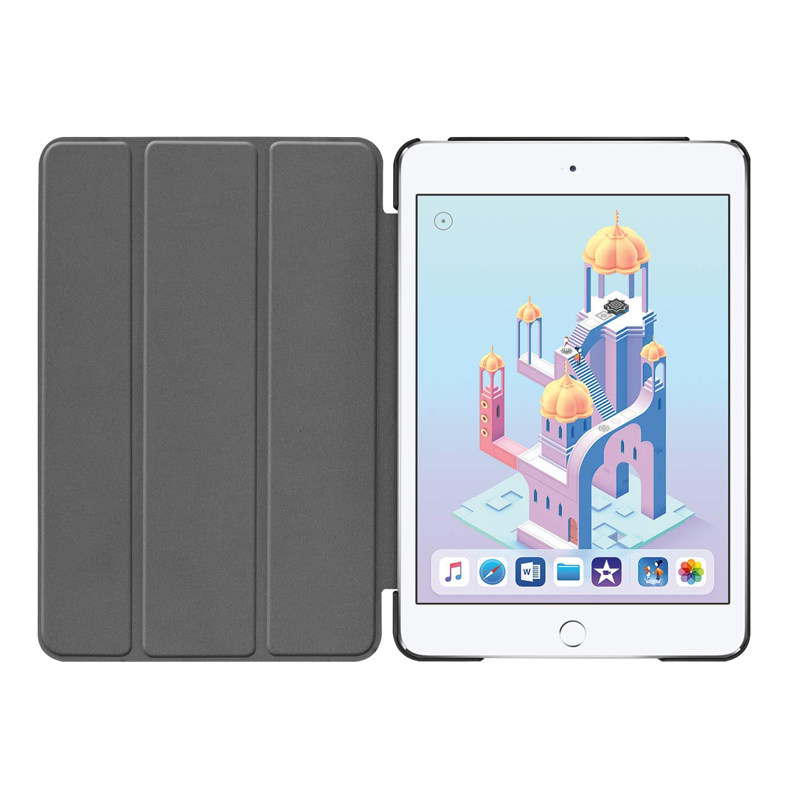 Weißes iPad mini mit grauem Cover. Der Bildschirm zeigt ein farbenfrohes Schlossbild.
