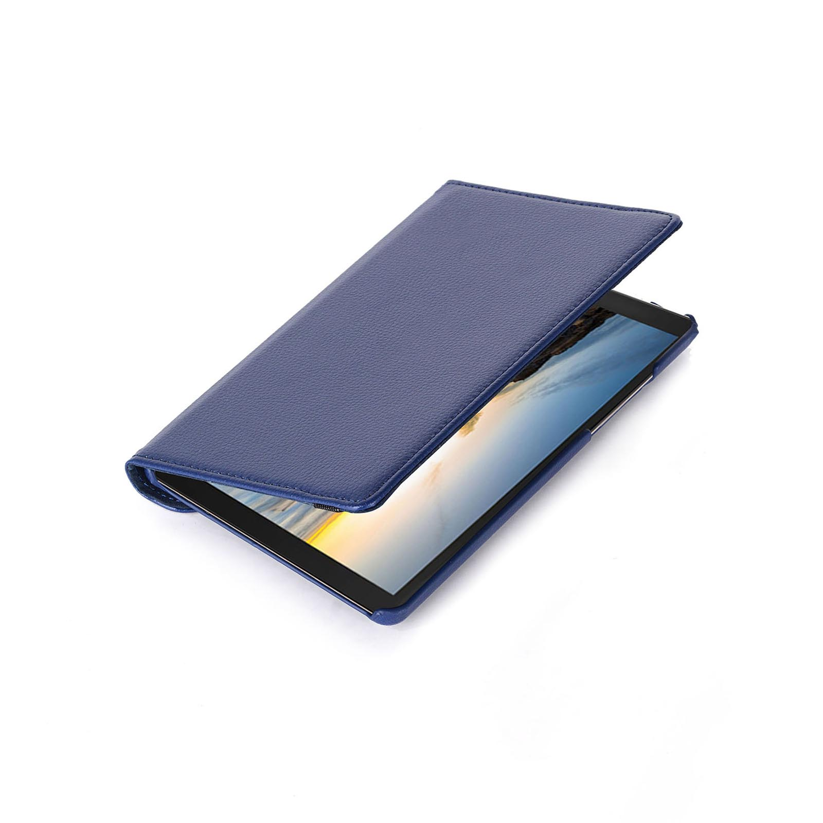 Blaue Tablet-Hülle, leicht geöffnet. Der Tablet-Bildschirm ist sichtbar und zeigt ein Landschaftsbild.