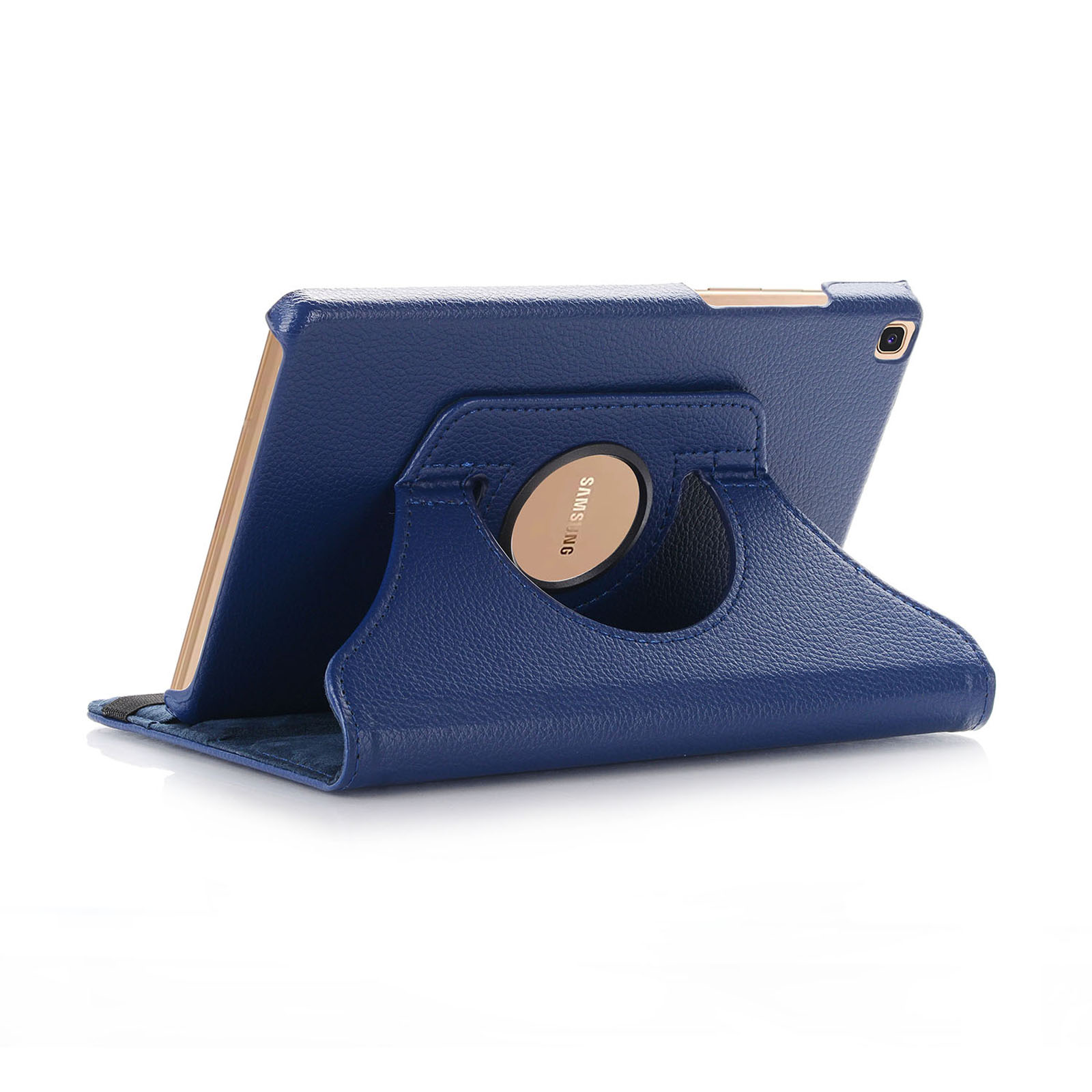 Ein blaues Tablet in einer Hülle mit Ständer. Die Hülle hat einen goldfarbenen Rahmen, weißer Hintergrund.