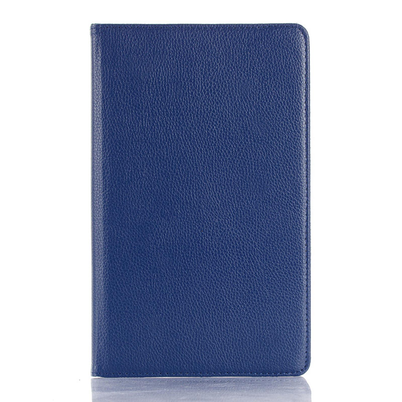 Blaue Leder-Tablethülle, geschlossen, mit strukturierter Oberfläche, vor weißem Hintergrund.