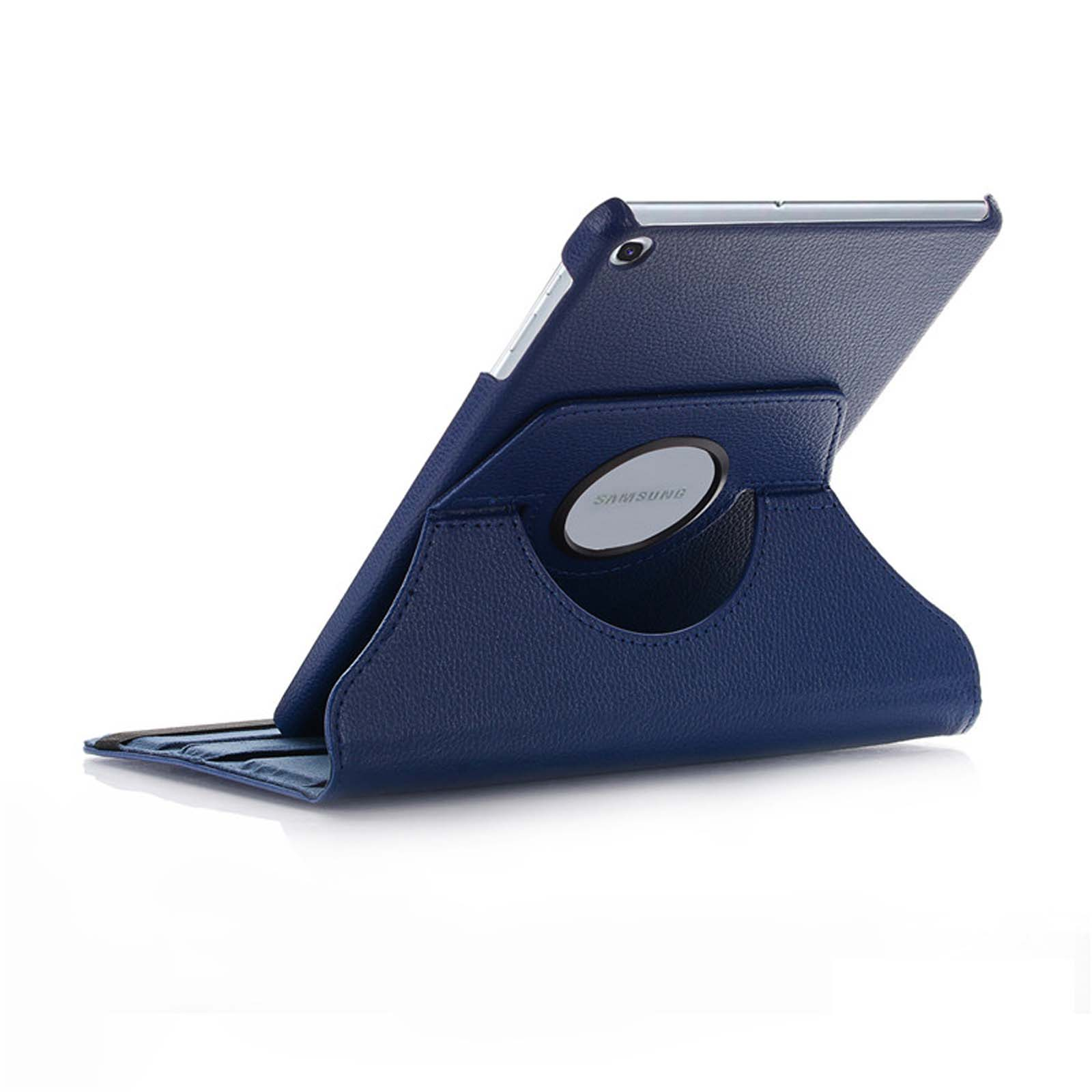 Eine dunkelblaue Tablet-Hülle, die teilweise geöffnet ist, wobei das Tablet sichtbar ist.