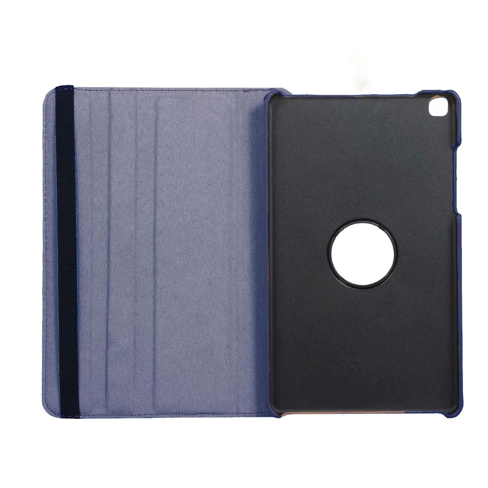 Tablet-Hülle offen, zeigt blaues Innere, schwarzen Halter und schwarzen Rand.