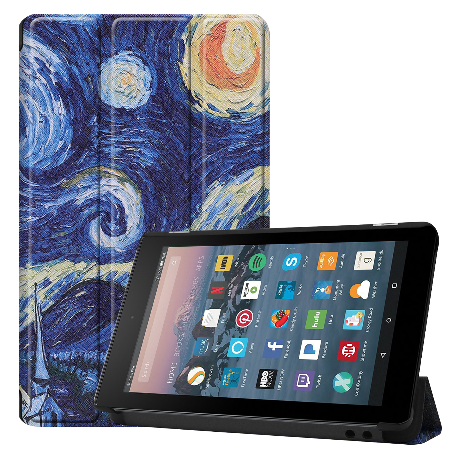 Ein Tablet in einem Etui mit Starry Night-Design. Das Tablet ist geöffnet und aufgestellt.