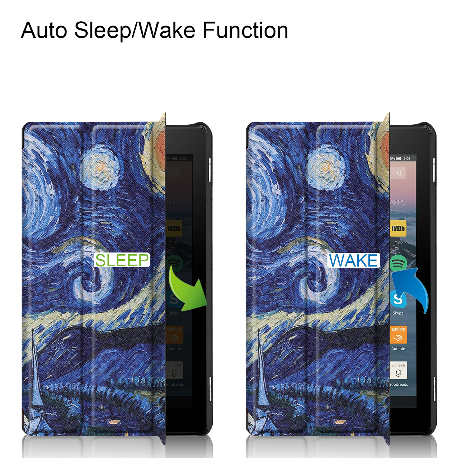 Zwei Tablets mit Hüllen im Sternennacht-Design. Eines zeigt 'Schlaf', das andere 'Aufwachen'.