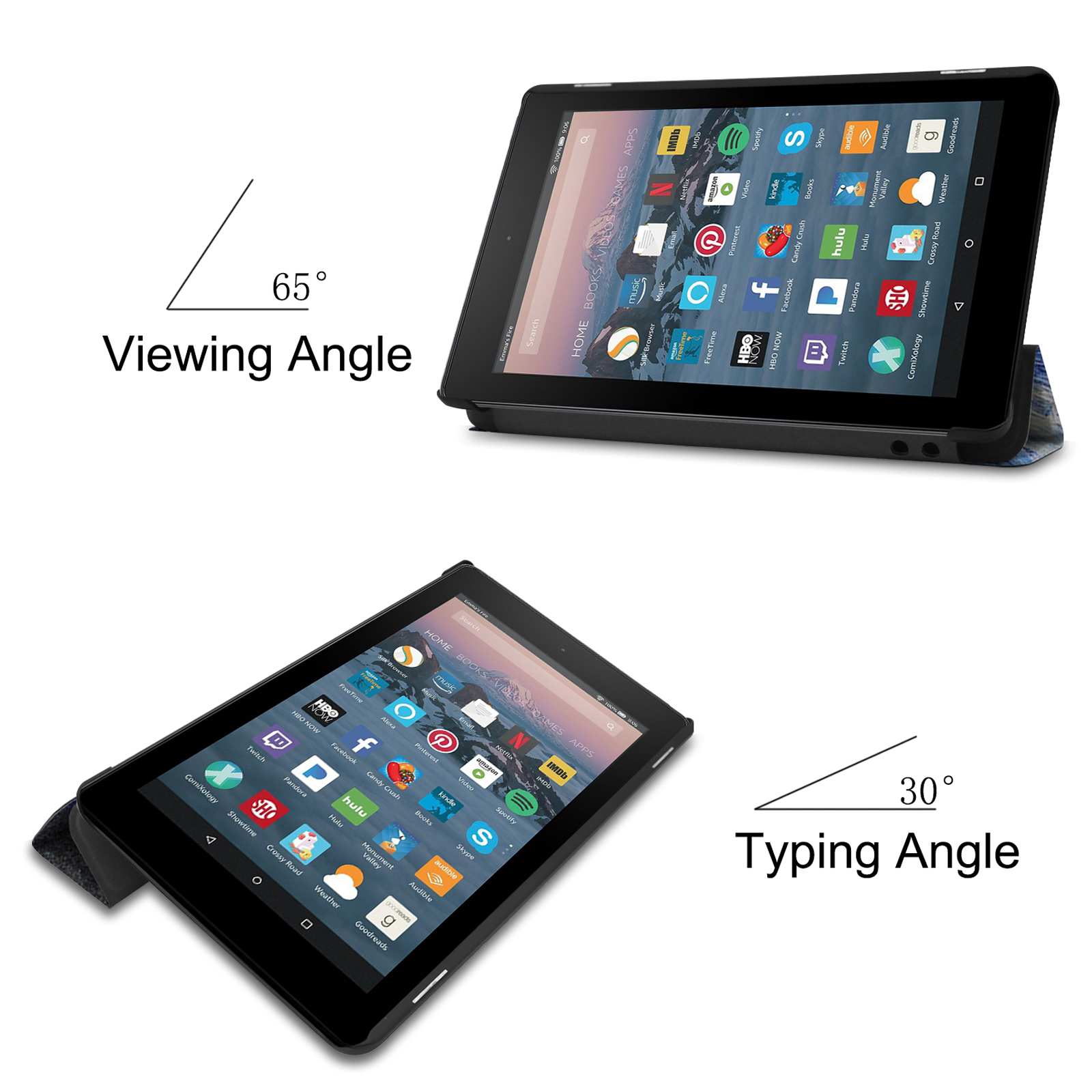 Zwei Tablets in Hüllen, die den Betrachtungswinkel und den Tippwinkel zeigen, mit verschiedenen App-Symbolen.