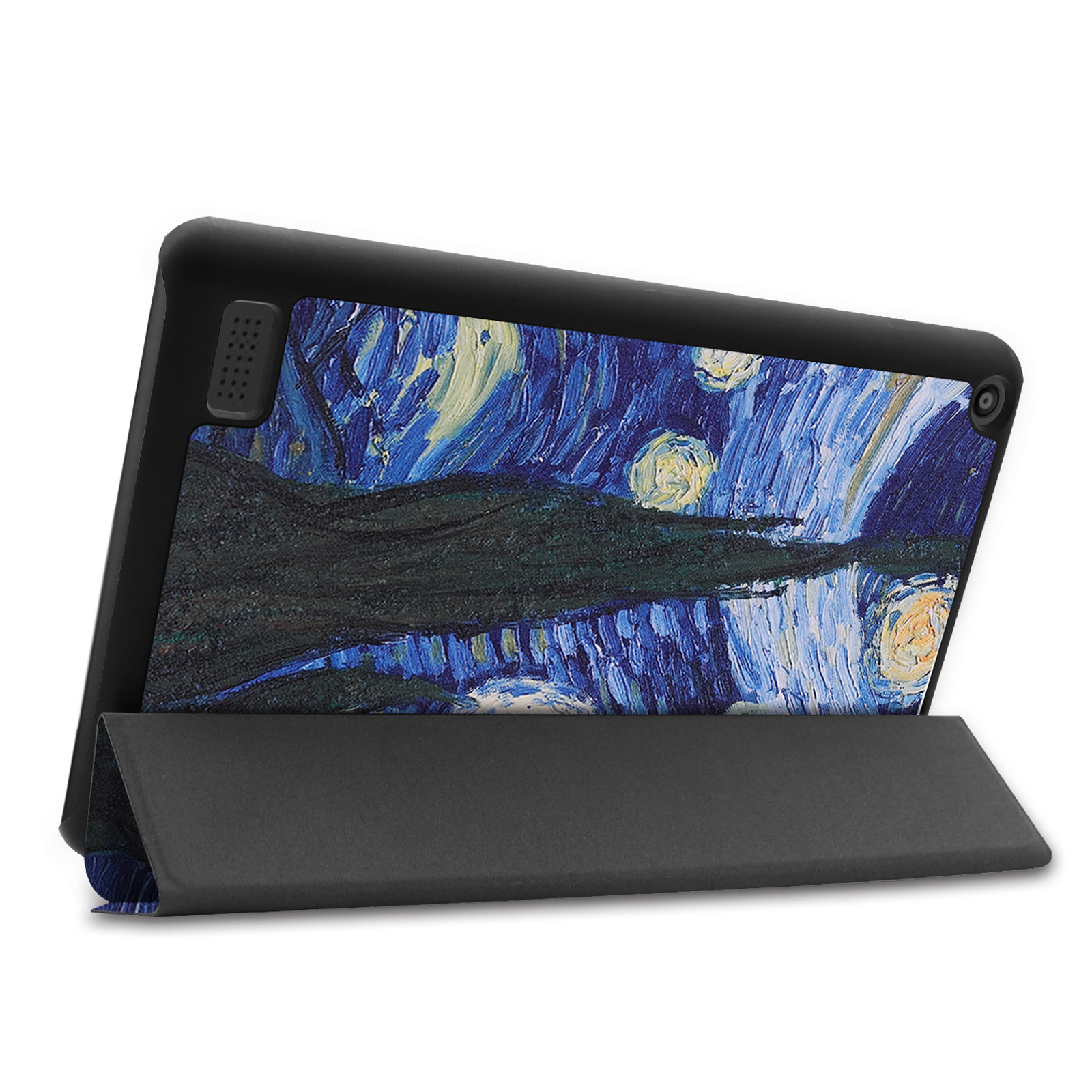 Tablet in schwarzem Gehäuse, zeigt Van Goghs Sternennacht. Das Gehäuse ist geöffnet und aufgestellt. Weißer Hintergrund.