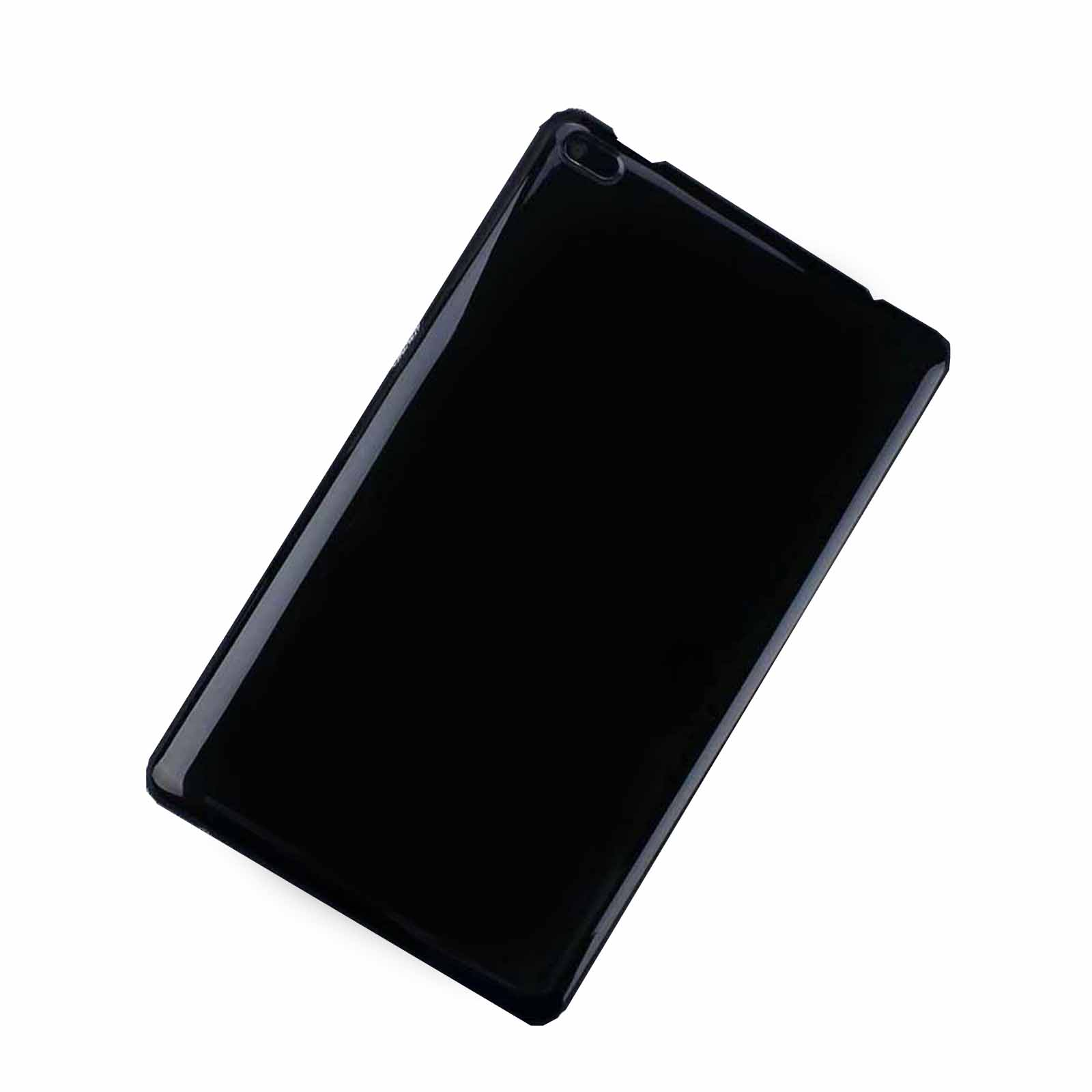 Eine schwarze Tablethülle. Sie ist schlicht schwarz und hat eine glänzende Oberfläche. Die Hülle befindet sich auf weißem Untergrund.