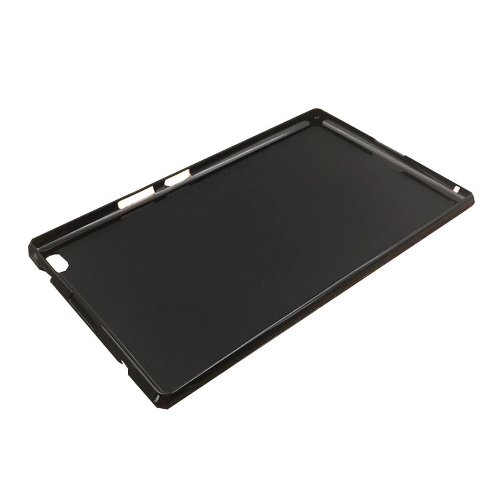 Schwarze Tablethülle, leer, schwarze Innenseite, auf weißem Hintergrund.